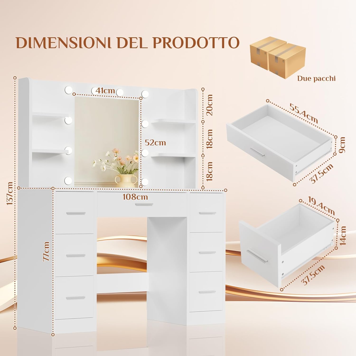 JUMMICO 108 cm Makeup Vanity Table with 10 LED Lights, 3 Colours, Adjustable Brightness, Makeup Desk with Sockets, 7 Drawers and 6 Open Shelves, Makeup Table (White)