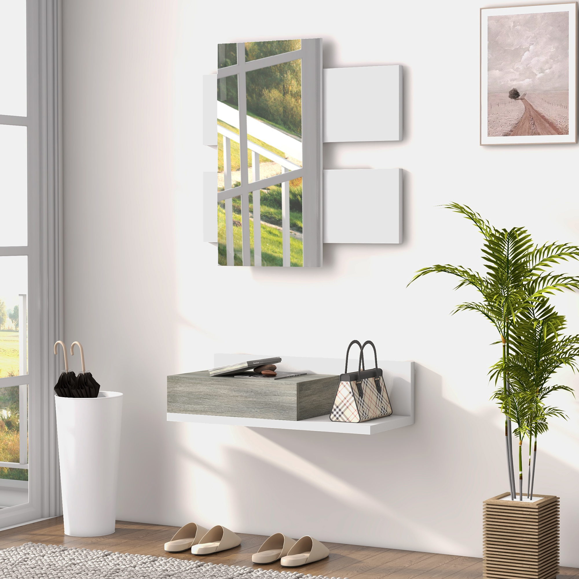 HOMCOM Eingangsmöbel 2 in 1 mit Wandspiegel 75x3,5x75 cm und Schublade 75x30,5x20 cm, Grau und Weiß