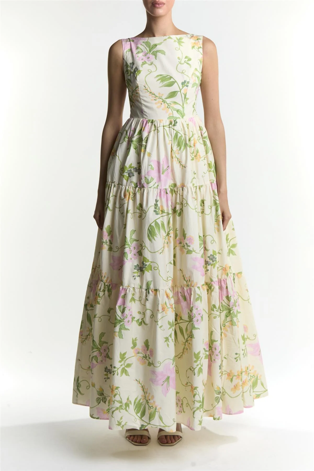Stone-Pink-Floral Lorna Tiered Backless Maxi Dress