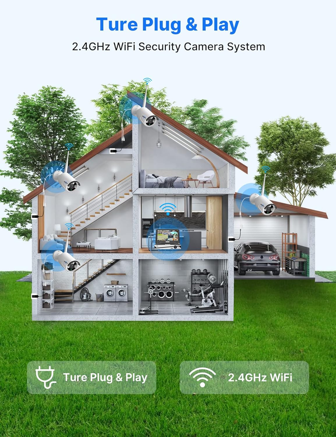 【Wireless Pro,Plug & Play】 Hiseeu 2.5K 5MP WiFi Security Camera System Outdoor,Expandable 16CH 8MP NVR, 1TB HDD,Spotlight,2 Way Audio, IP66 Waterproof, Motion Alert, DC Power Plug-in, 24/7 Recording