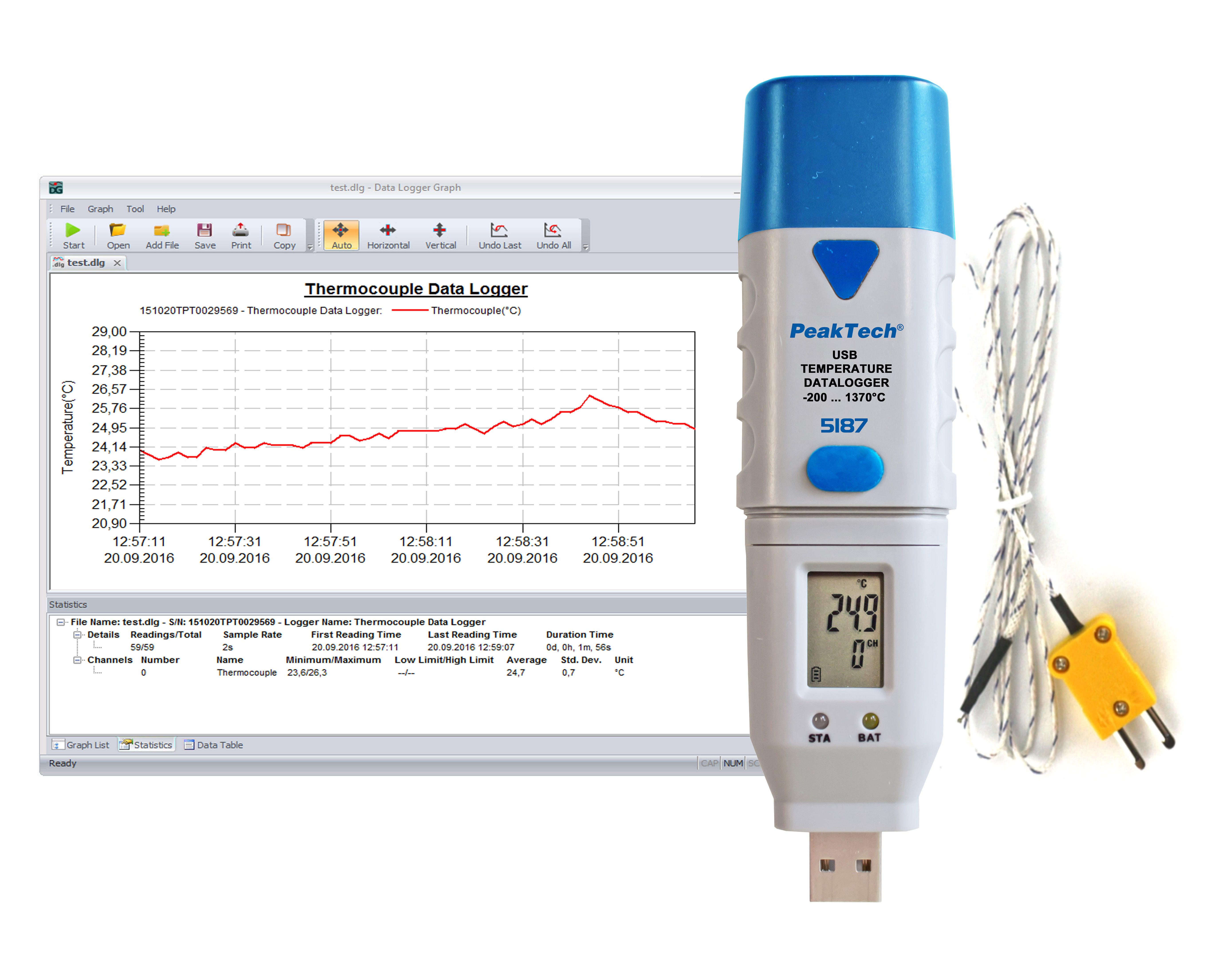 Klimamesser USB-Datenlogger Typ-K Temperatur -200 bis 1.300°C
