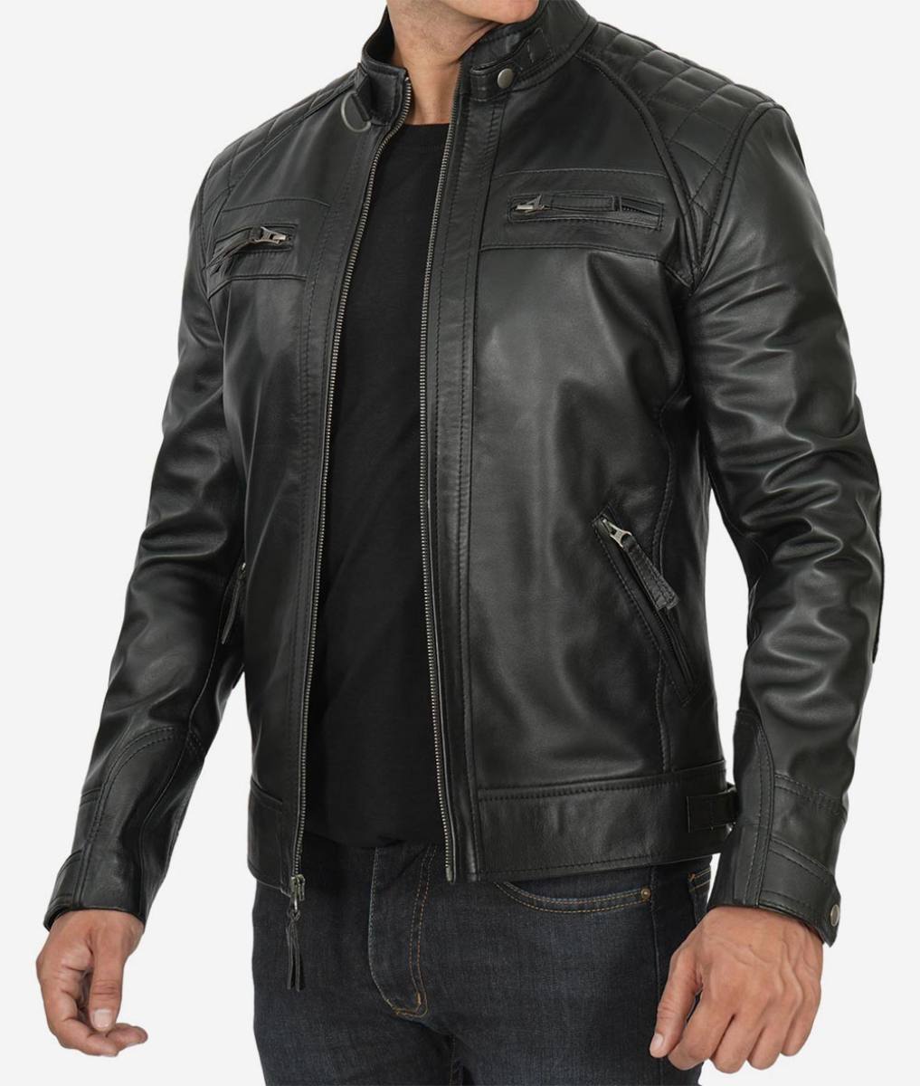 Mens Quilted Shoulder Black Cafe Racer Jacket