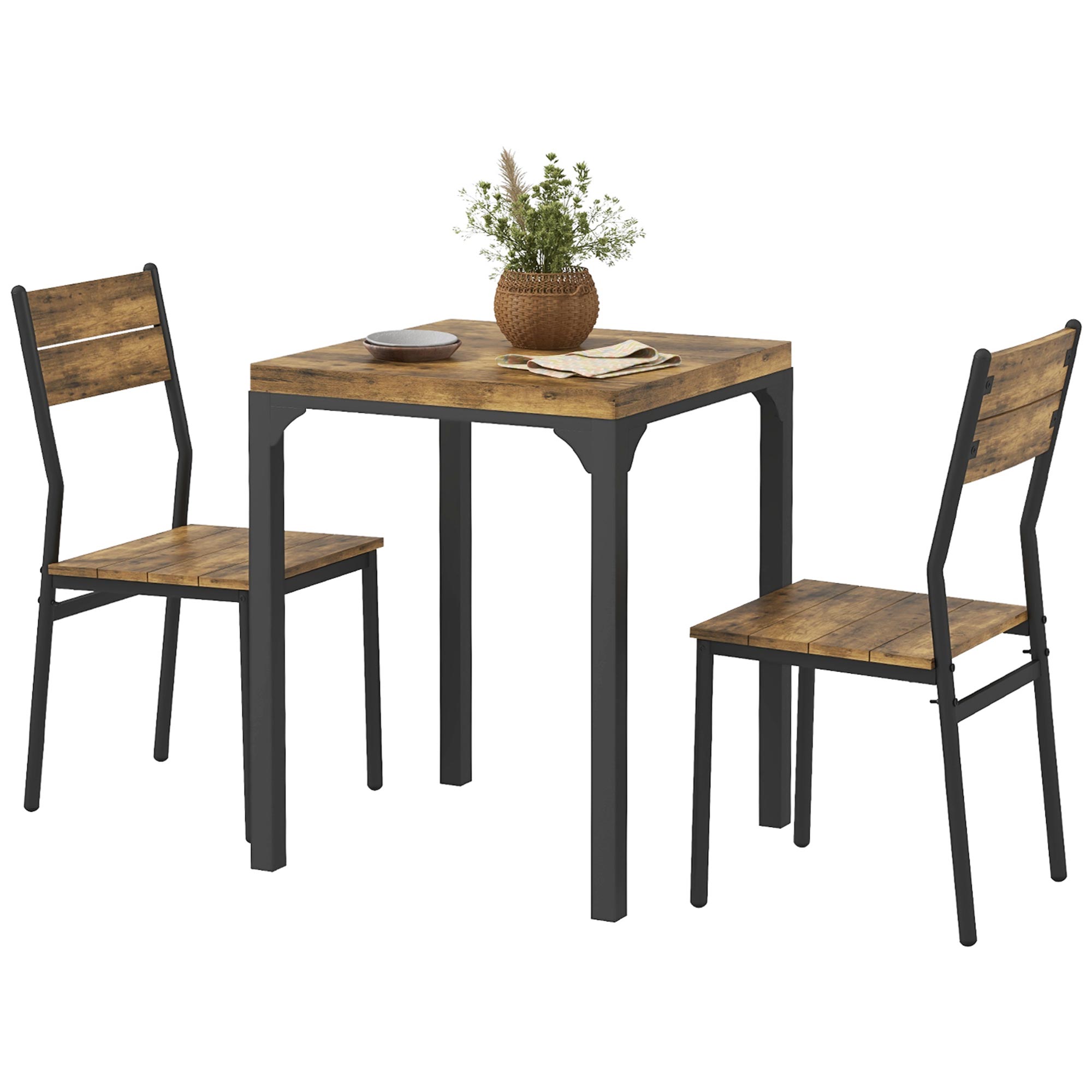 HOMCOM 3-teilige Essgruppe, Esstisch-Set, 1 Tisch, 2 Stühle, MDF+Metall, Braun