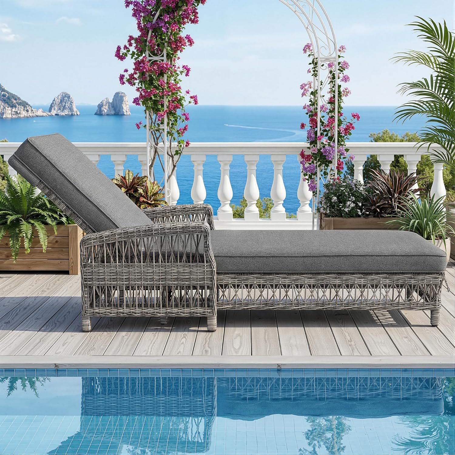Lcoho Outdoor-Liege aus Rattan(1 Set), wetterfeste Sonnenliege mit Verstellbarer Rückenlehne, Gartenliege mit abnehmbarem Kissen, für Terrasse, Balkon, Poolbereich, grau