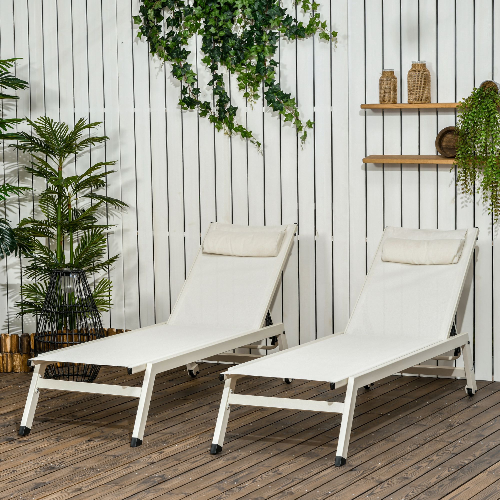 Outsunny Chaise Longue Liegestuhl Sonnenliege klappbar 2er-Set aus Aluminium und Polyester, 55x195x30 cm, Beige