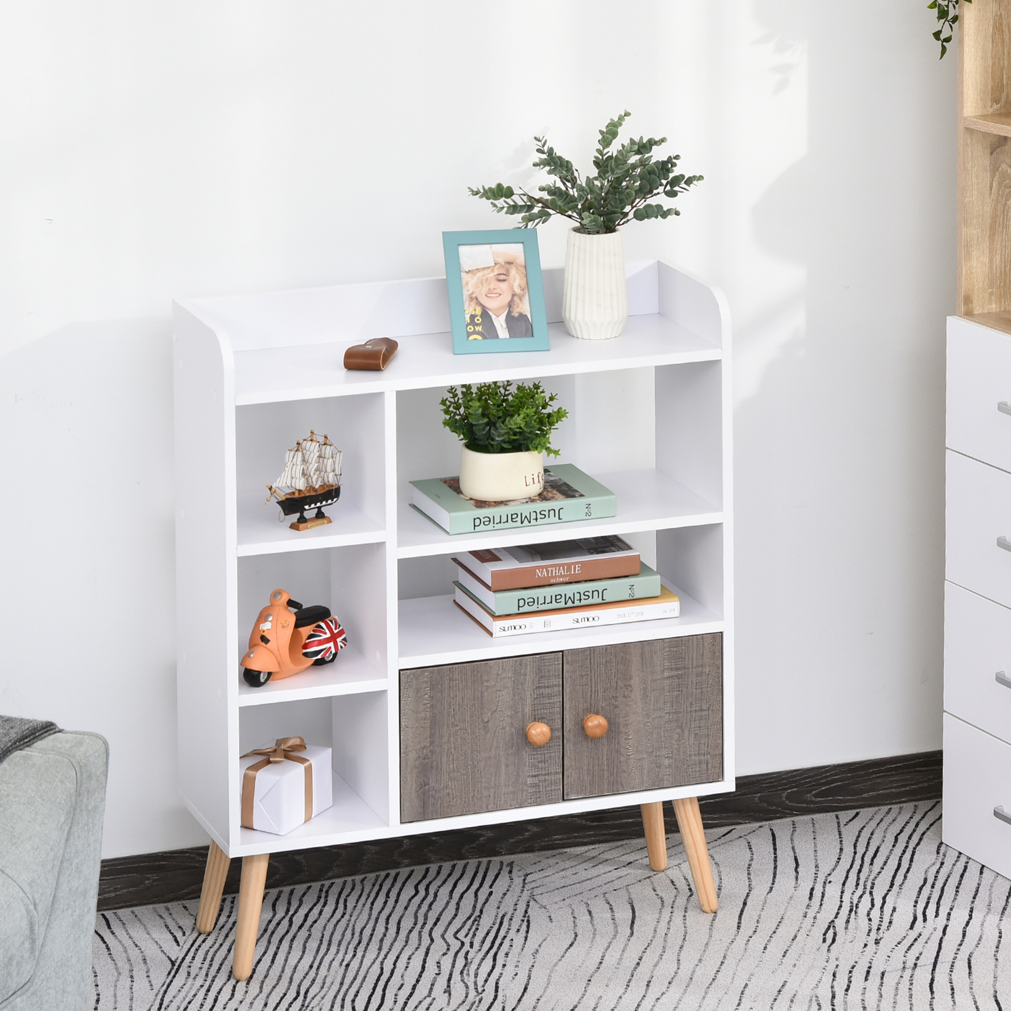 HOMCOM Skandinavisches Sideboard Bücherregal Aufbewahrungsmöbel aus Holz, Spanplatten Weiß Grau