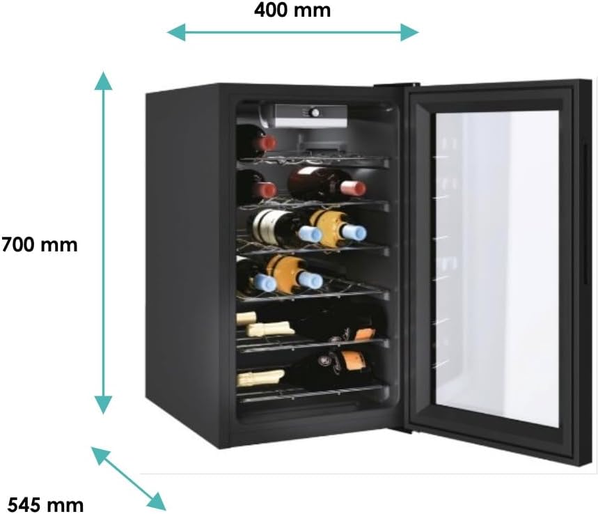 Candy DiVino CWC 021 M/NF Cantinetta Vino, 21 Bottiglie, App hOn con Tecnologia Vivino, Ripiani cromati, 39 dB, Classe G, 40x55x70 cm, Nero [Classe di efficienza energetica G]