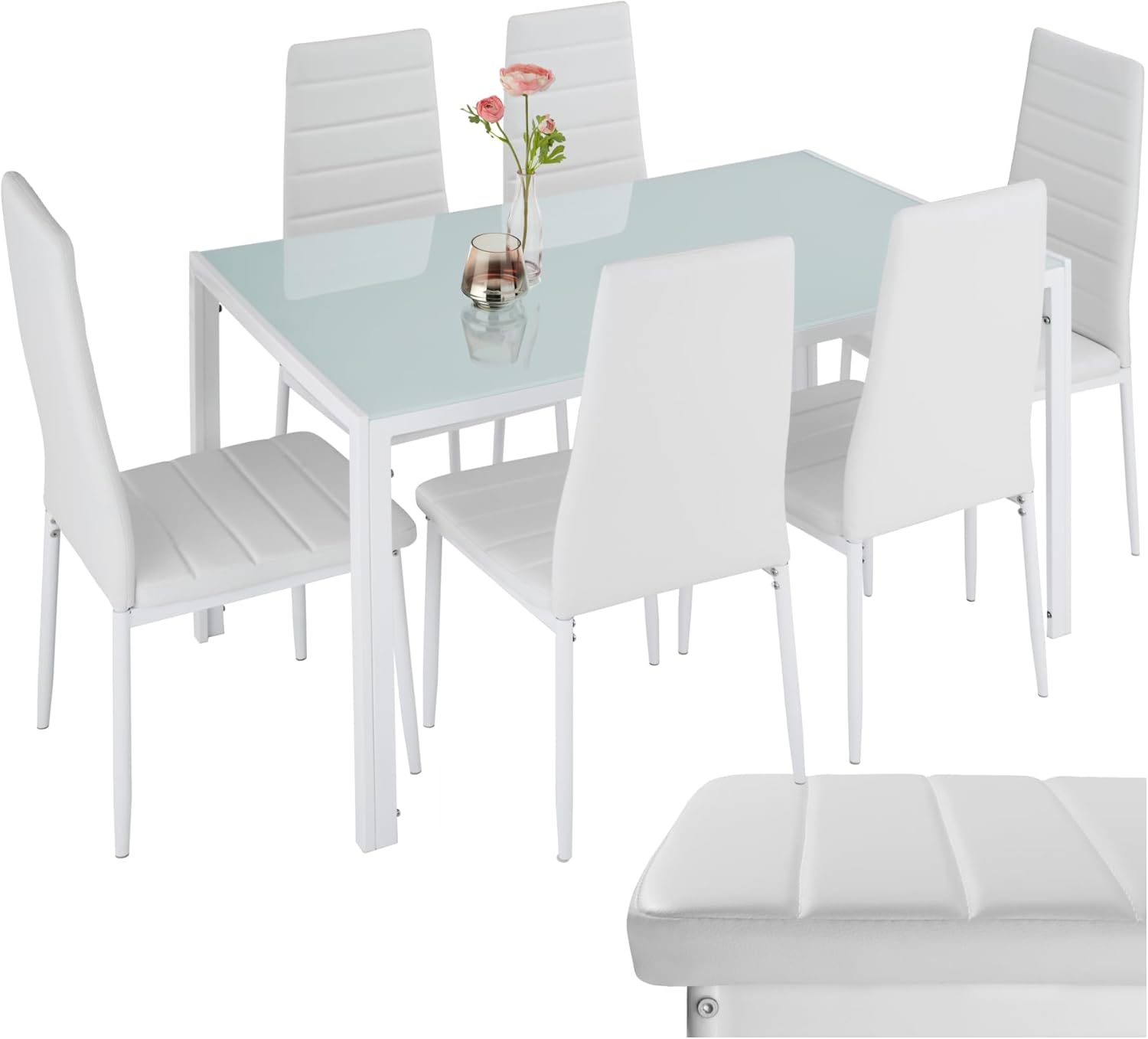 TecTake® Set di Mobili per Sala da Pranzo, 6 Sedie in Similpelle Resistente, Tavolo con Piano in Vetro, Design Moderno, Piedini SalvaPavimento, Ideale per Cucina e Soggiorno - Bianco