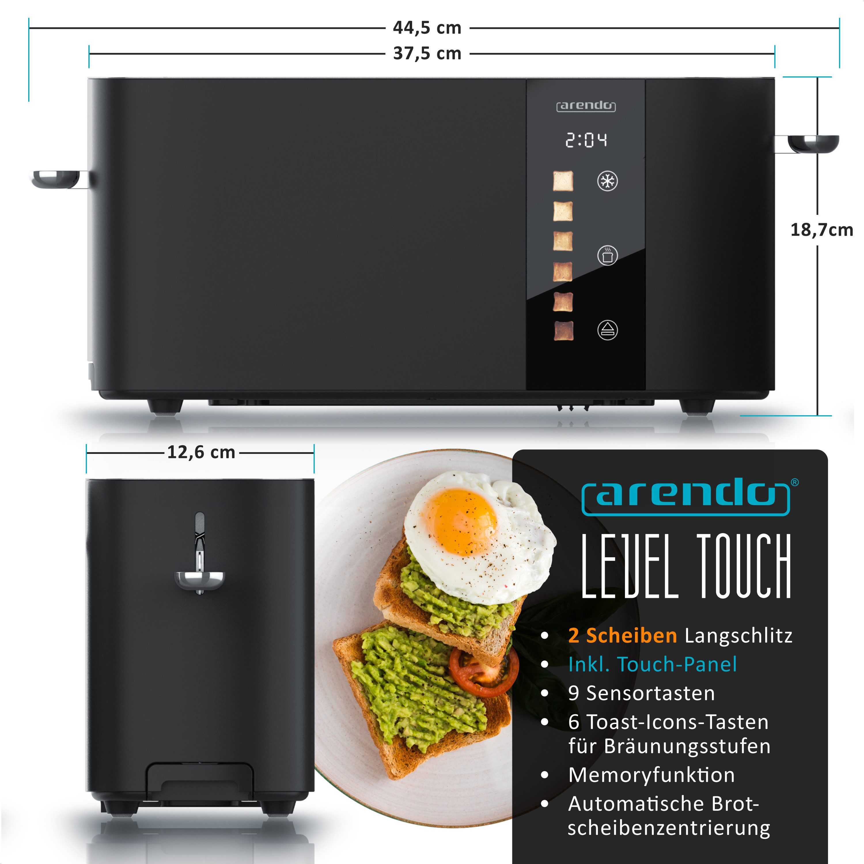 Toaster Edelstahl, Langschlitz, Touch Display, Restzeit & Bräunungsgradanzeige