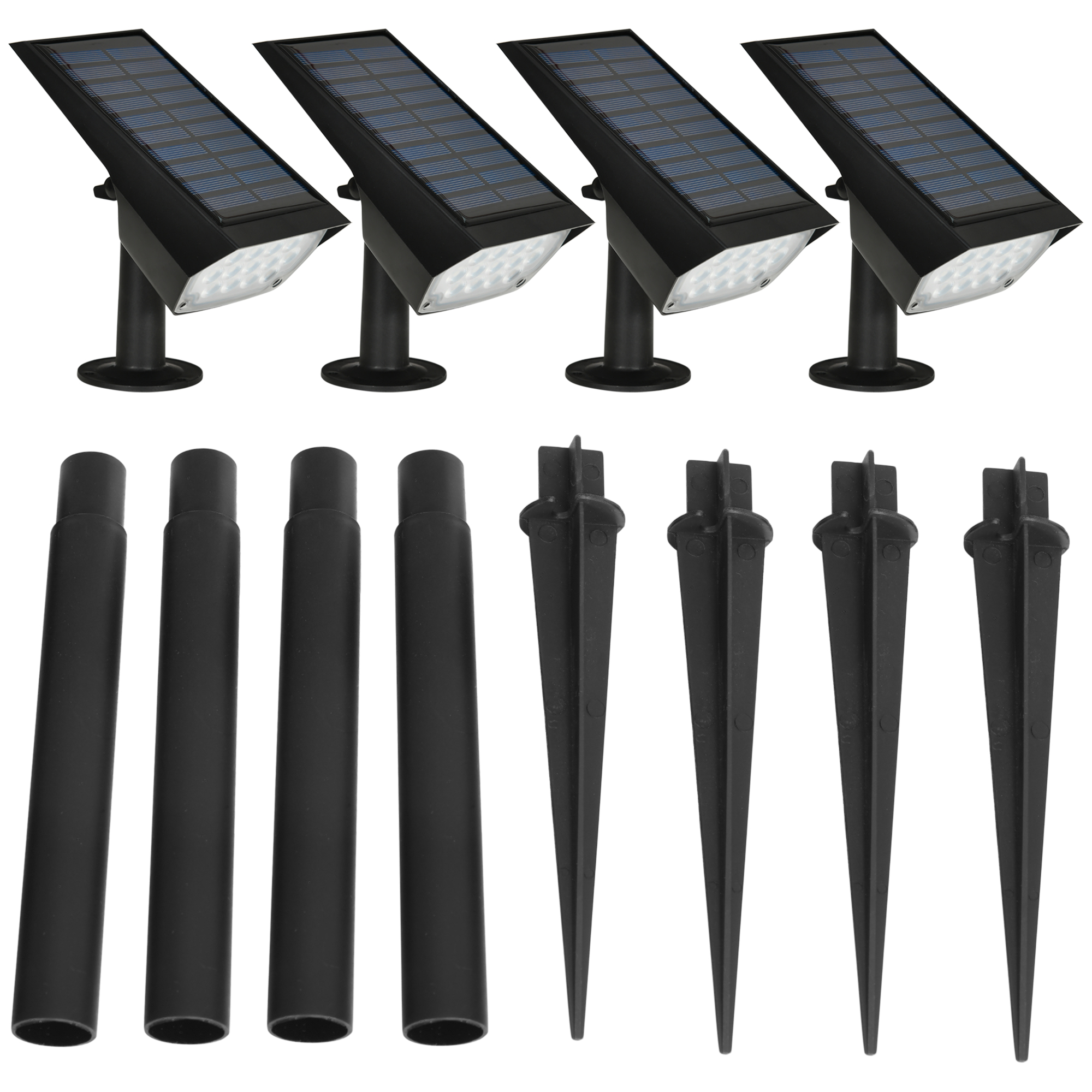 Outsunny Set von 4 Garten- und Wandstrahlern mit Pfahl, Solarlicht 2 Helligkeiten, 17x10x48,3cm Schwarz