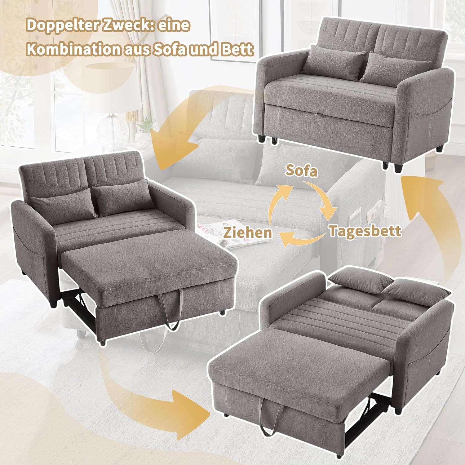 Divano letto con funzione letto Divano pieghevole a due posti, design estensibile, elegante e moderno, schienale regolabile a tre livelli, tessuto traspirante in cotone e lino (Grigio)
