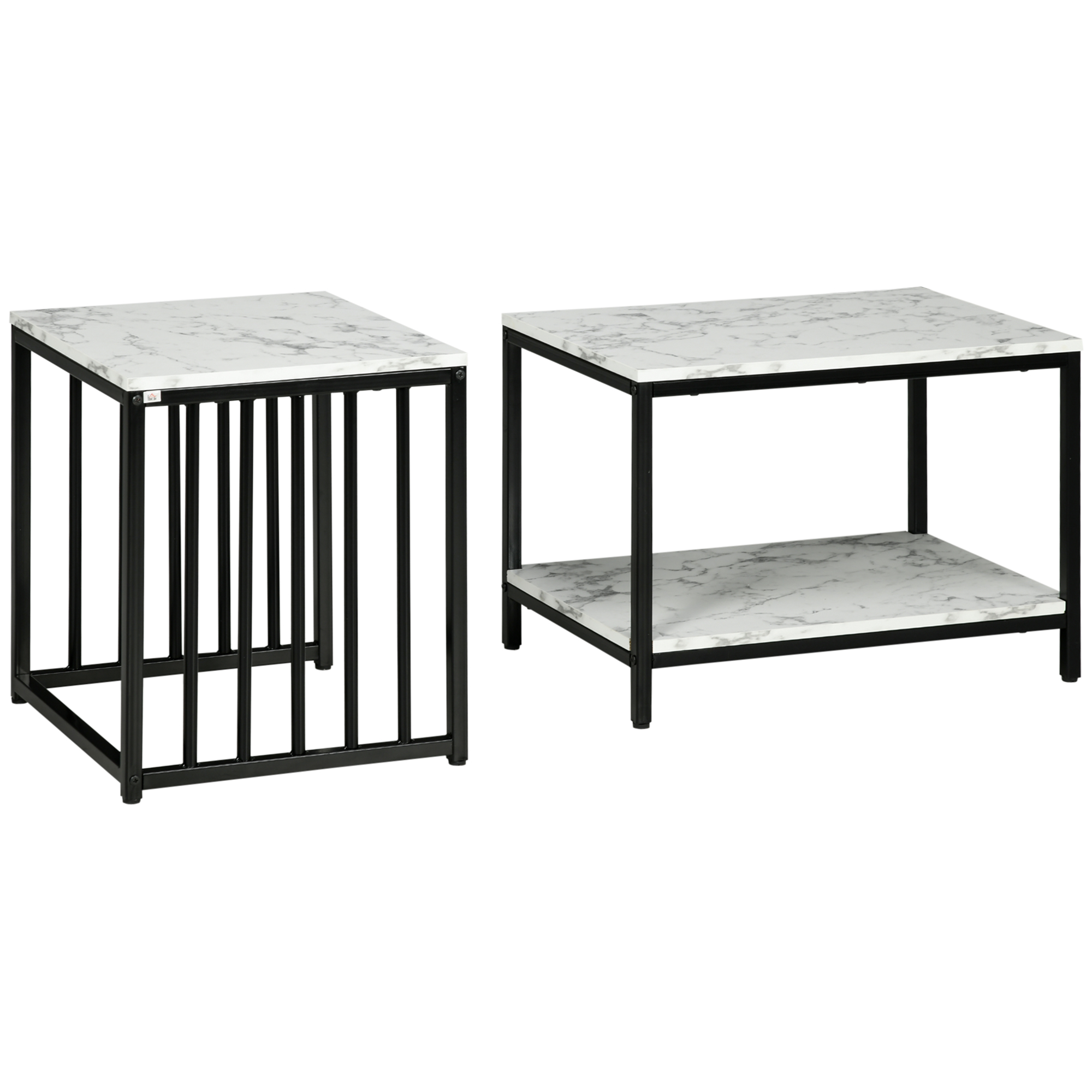 HOMCOM Set mit 2 ineinander passenden Couchtischen, stapelbar, mit Holzoptik-Marmorplatte und schwarzem Metallgestell