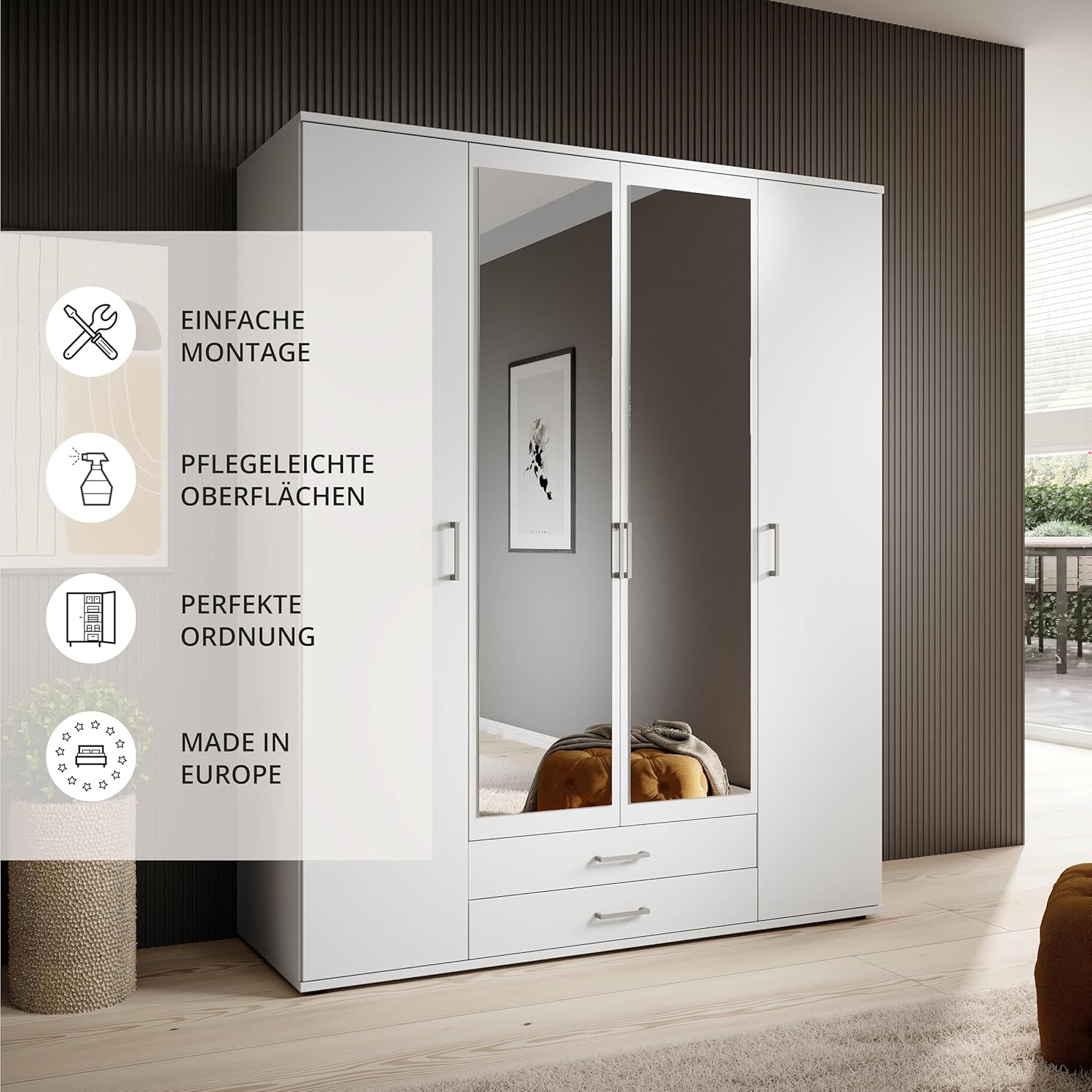 KARL Elegant 4 Door Wardrobe with Large Capacity, Versatile with Hinged Doors, White with Mirrored Doors, 160 x 196 x 54 cm, W x H x D