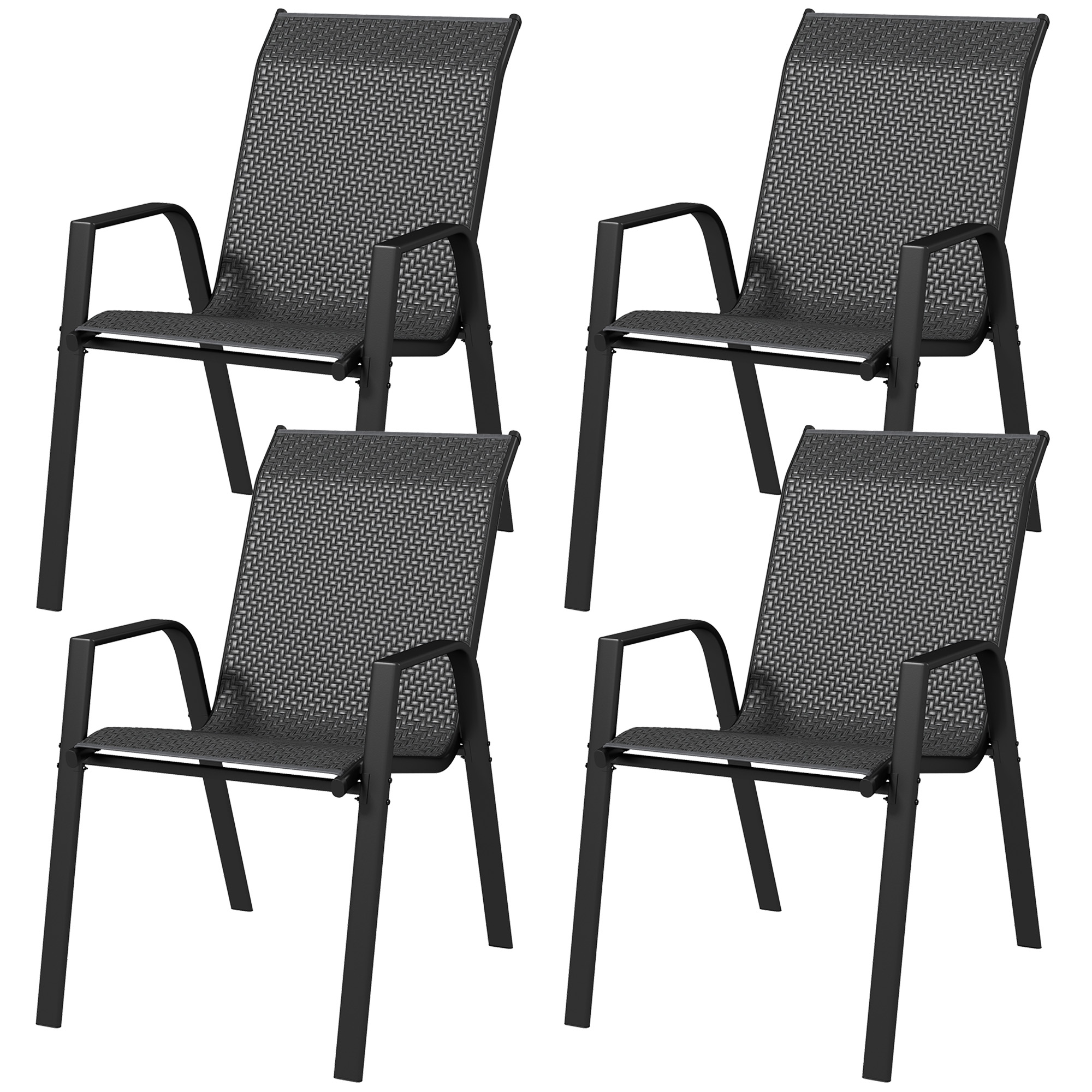 Outsunny Set mit 4 stapelbaren Gartenstühlen, Gartenstuhl mit Armlehnen und Rattan-Effektüberzug aus geflochtener Harzbeschichtung