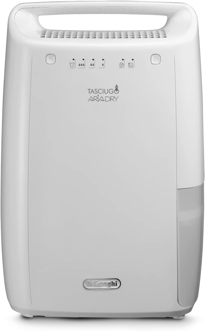 De'Longhi Tasciugo AriaDry Dehumidifier DEX210SF, Portable Dehumidifier with 3 Action Filtration System, Dry Function, 14L/Day Humidification, R290, Removable Tank, White