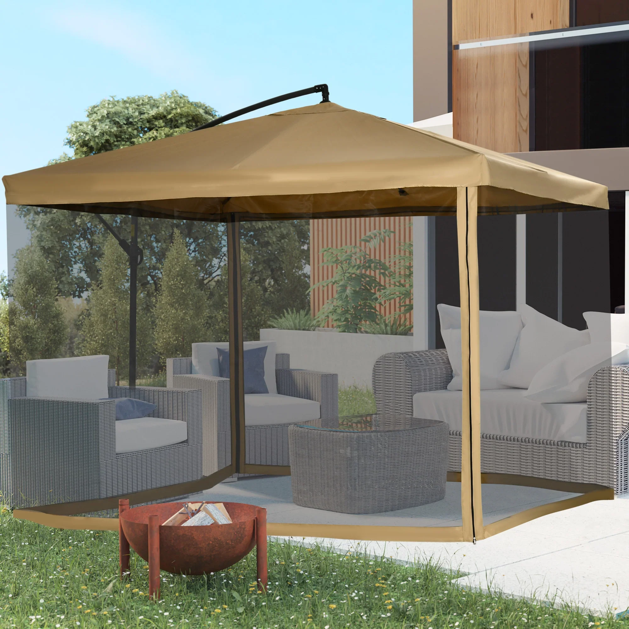 Outsunny Zweefparasol Tuinparasol met Klamboe Handslinger