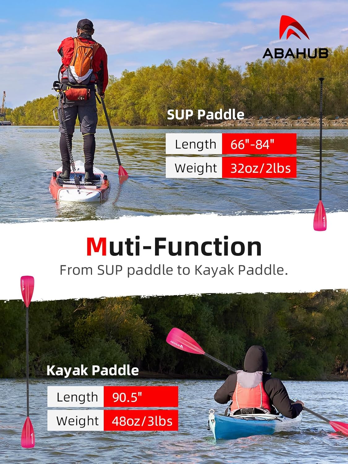 Abahub Pagaia SUP Alluminio Remi SUP Paddle Stand Up Paddle Telescopico 173-213 cm per Tavola da Surf Canoa SUP, Lama in Nylon di Plastica in Nero/Blu/Verde/Rosso/Arancione/Giallo
