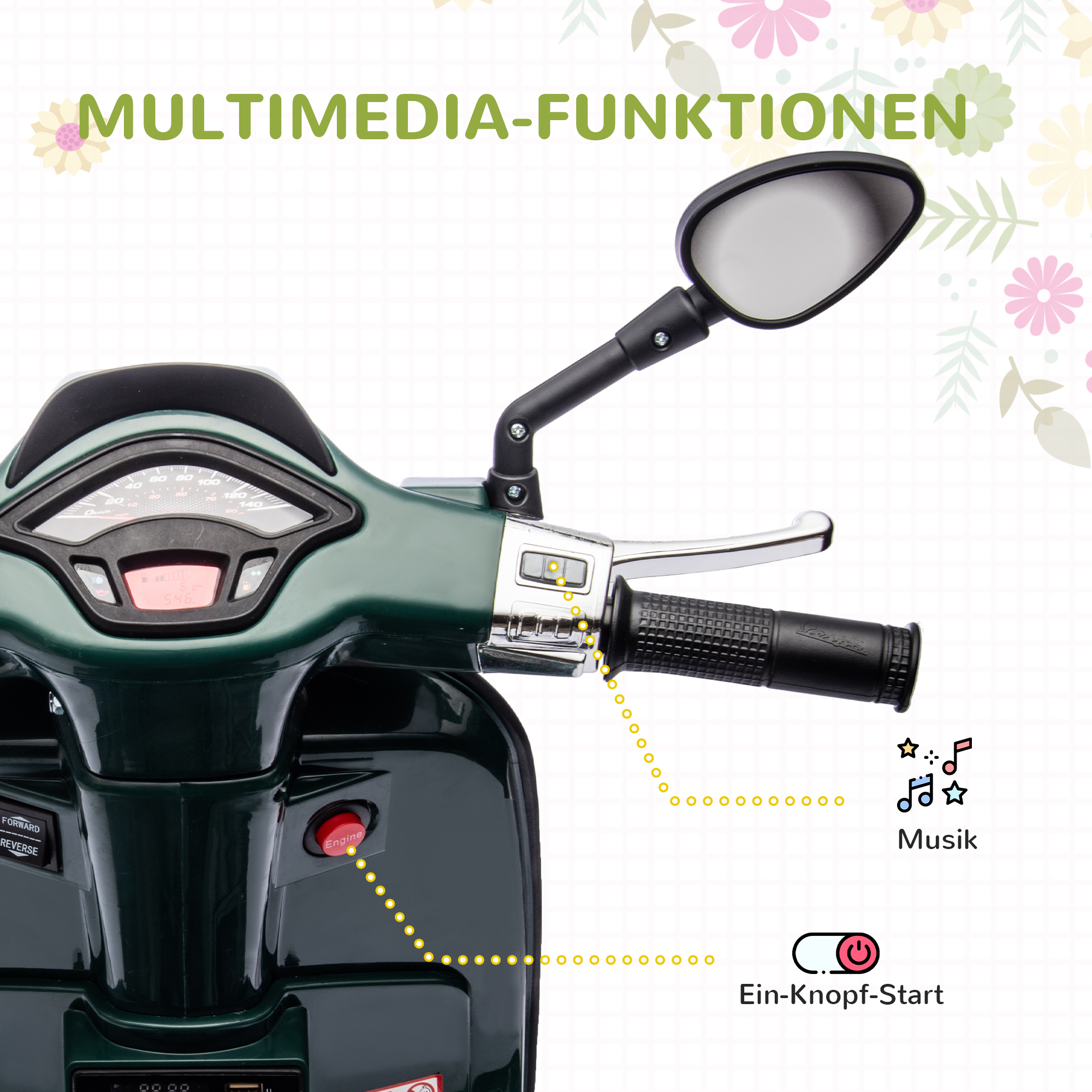 AIYAPLAY Elektrische Kinder Vespa, 3 km/u, 3-6 Jaar, Muziek, Licht & Radio, Donkergroen