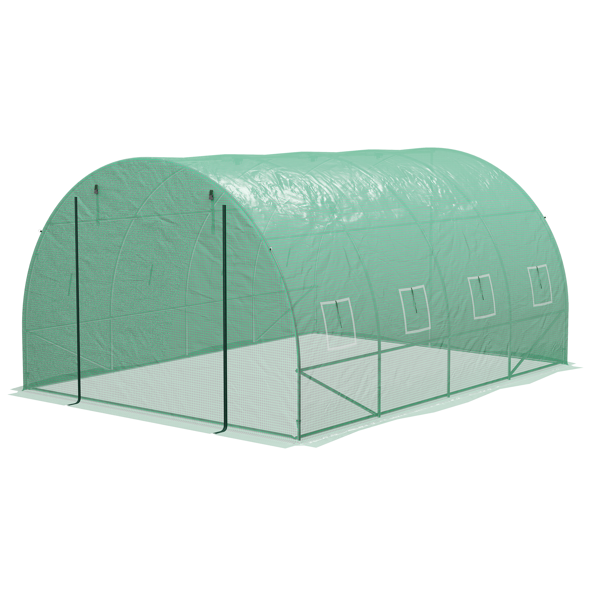 Outsunny Garten Gewächshaus Tunnel 12 m² 4L x 3B x 2H m Verstärkter Stahl + Hochdichtes PE 140 g/m² 8 Fenster Rolltür Grün