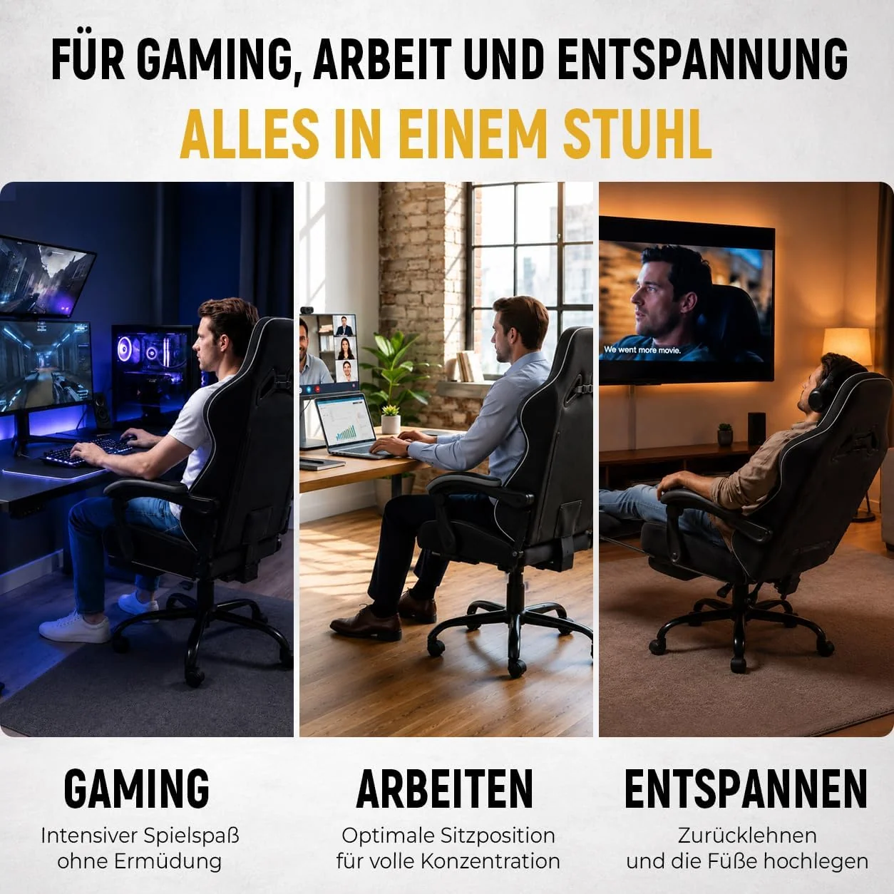 Gamingstuhl mit Taschenfeder-Sitzkissen, verstellbarer Rückenlehne und Fußstütze