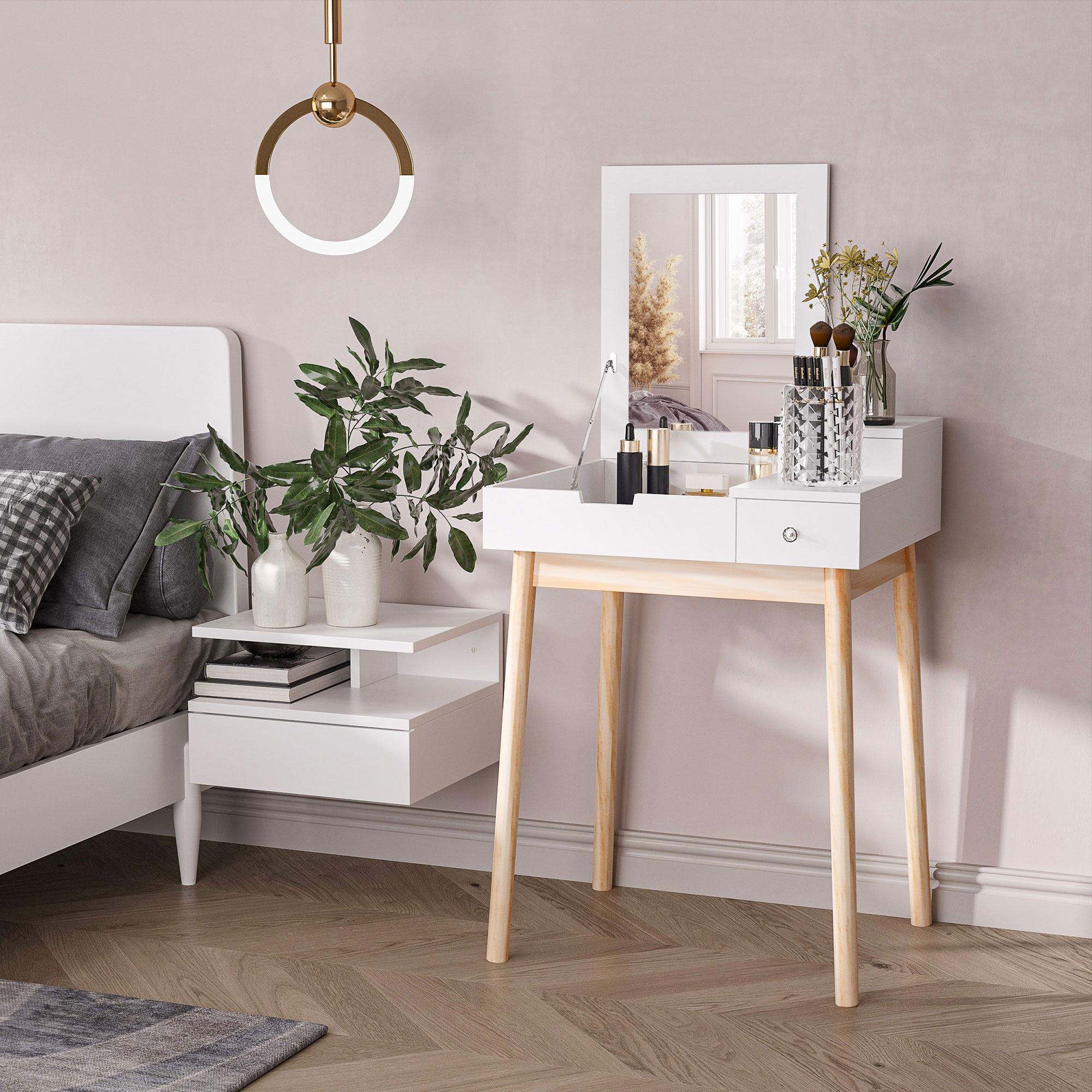HOMCOM Schminktisch Frisiertisch Kosmetiktisch mit aufklappbarem Spiegel Holzfüße Weiß+Natur 60 x 50 x 85,5cm