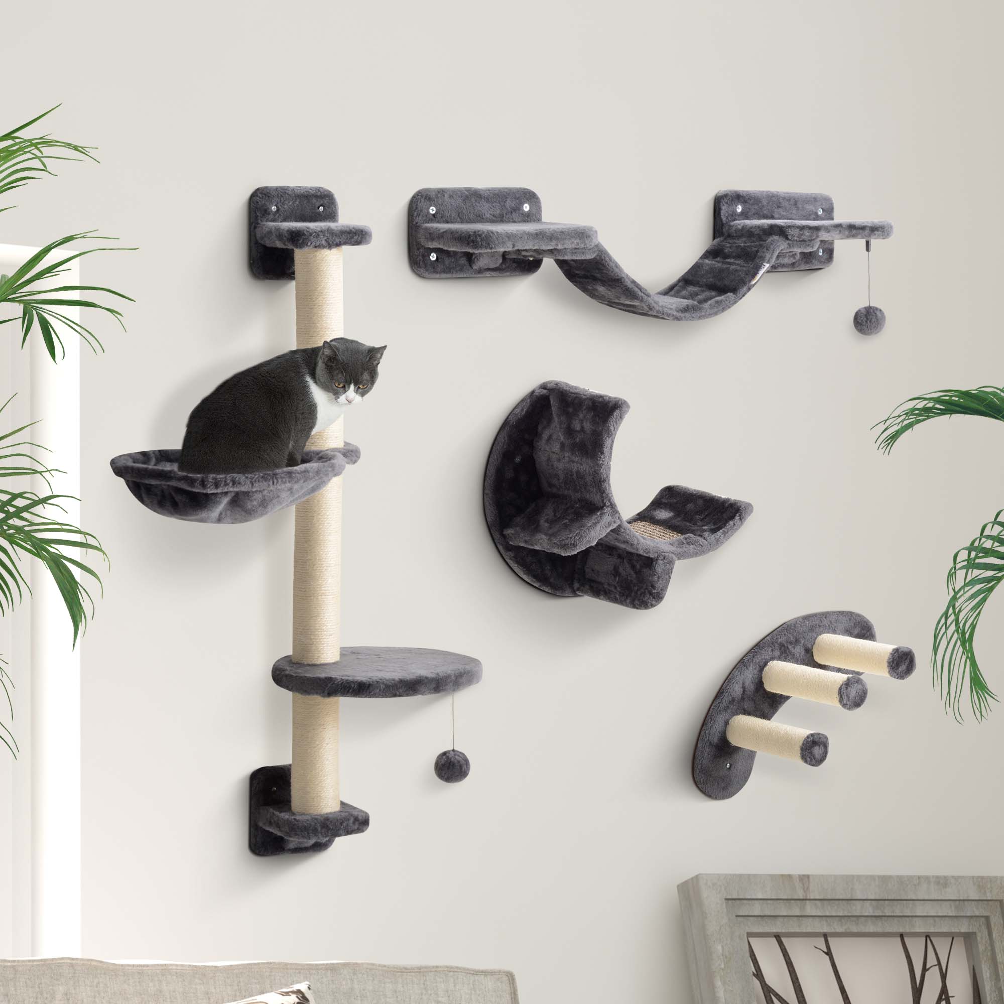 PawHut Kletterwand Katzen 4-teilig Katzen Kletterwand Set mit Hängematte, Katzenbrücke bis zu 5 kg, Dunkelgrau