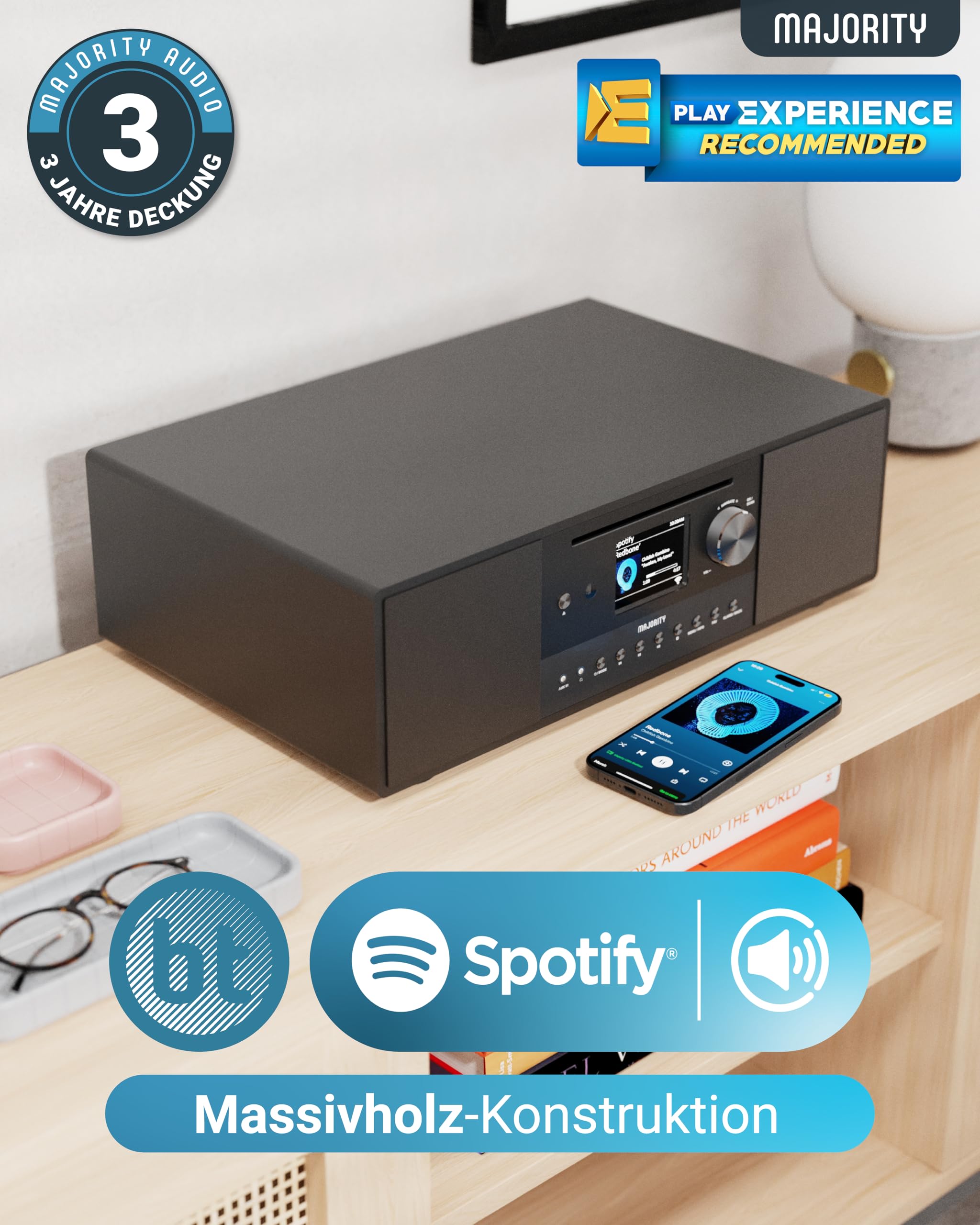 Internetradio-Stereoanlage Quadriga 120 W 2.1 DAB+ UKW WLAN Bluetooth CD-Player Spotify Connect Subwoofer mit Fernbedienung