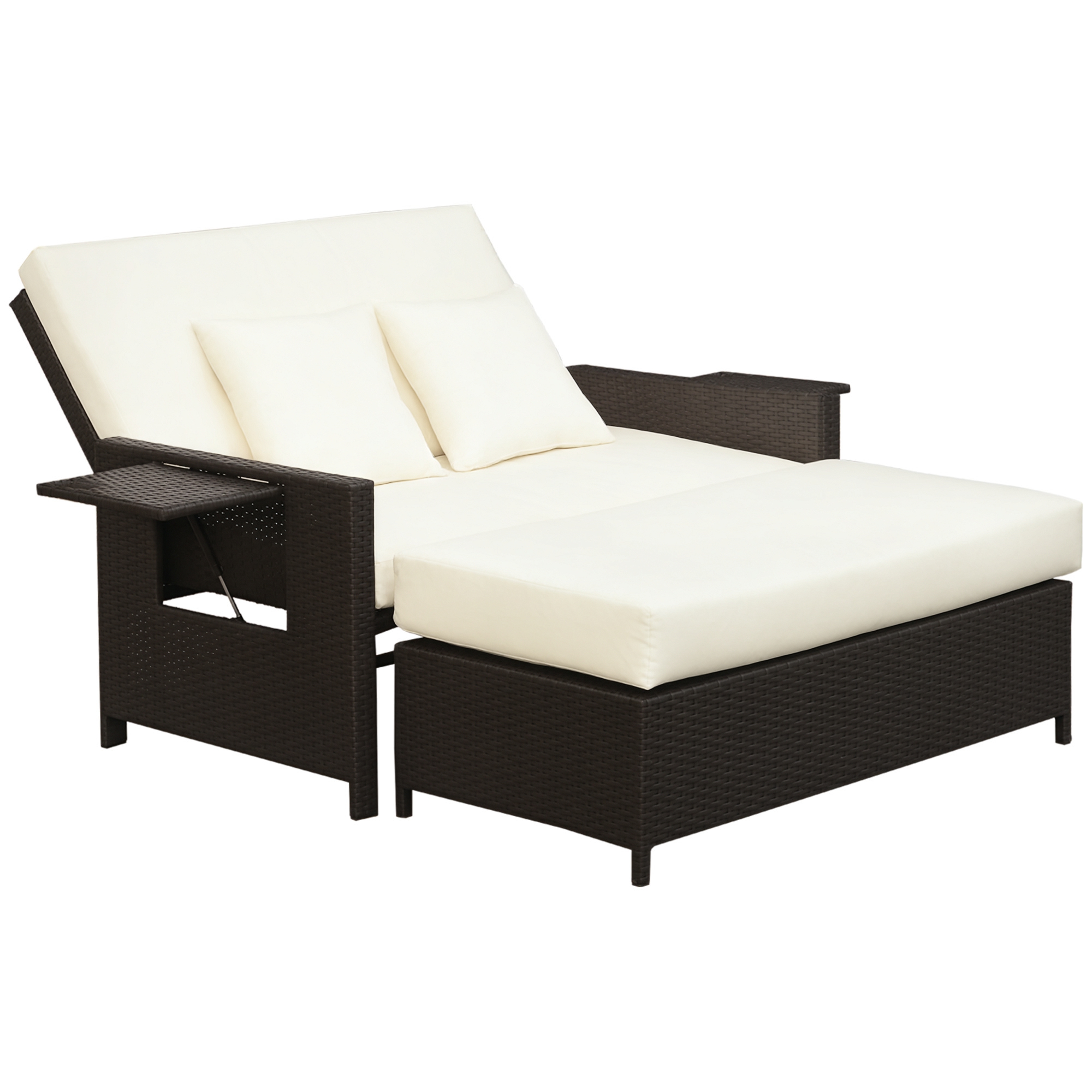 Outsunny Gartensofa mit Liegefunktion, ausfahrbare Fußbank mit Stauraum, Sitzkissen, braun+creme, 130 x 72 x 96 cm