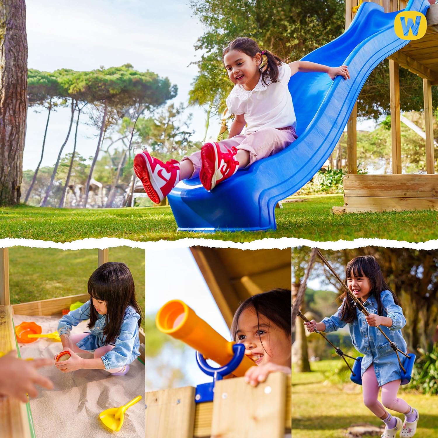 WICKEY Spielturm Klettergerüst SeaFlyer mit Schaukel & roter Rutsche, Outdoor Kinder Kletterturm mit Sandkasten, Leiter & Spiel-Zubehör für den Garten