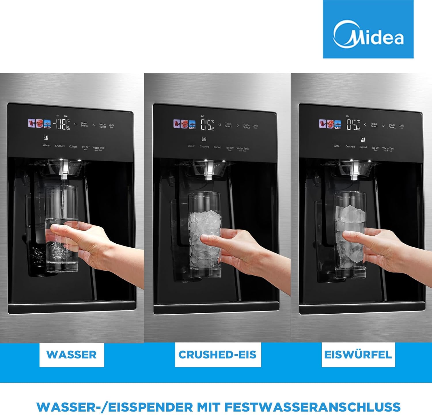 Midea KS-DDX 6.32 WT Side-by-Side Kühl-/Gefrierkombination/ 178,8 cm Hhe/ 254 kWh/Jahr/No Frost/Dual Inverter Compressor/mit 3in1 Wasser-/Eisspender und Wassertank, Dark Inox