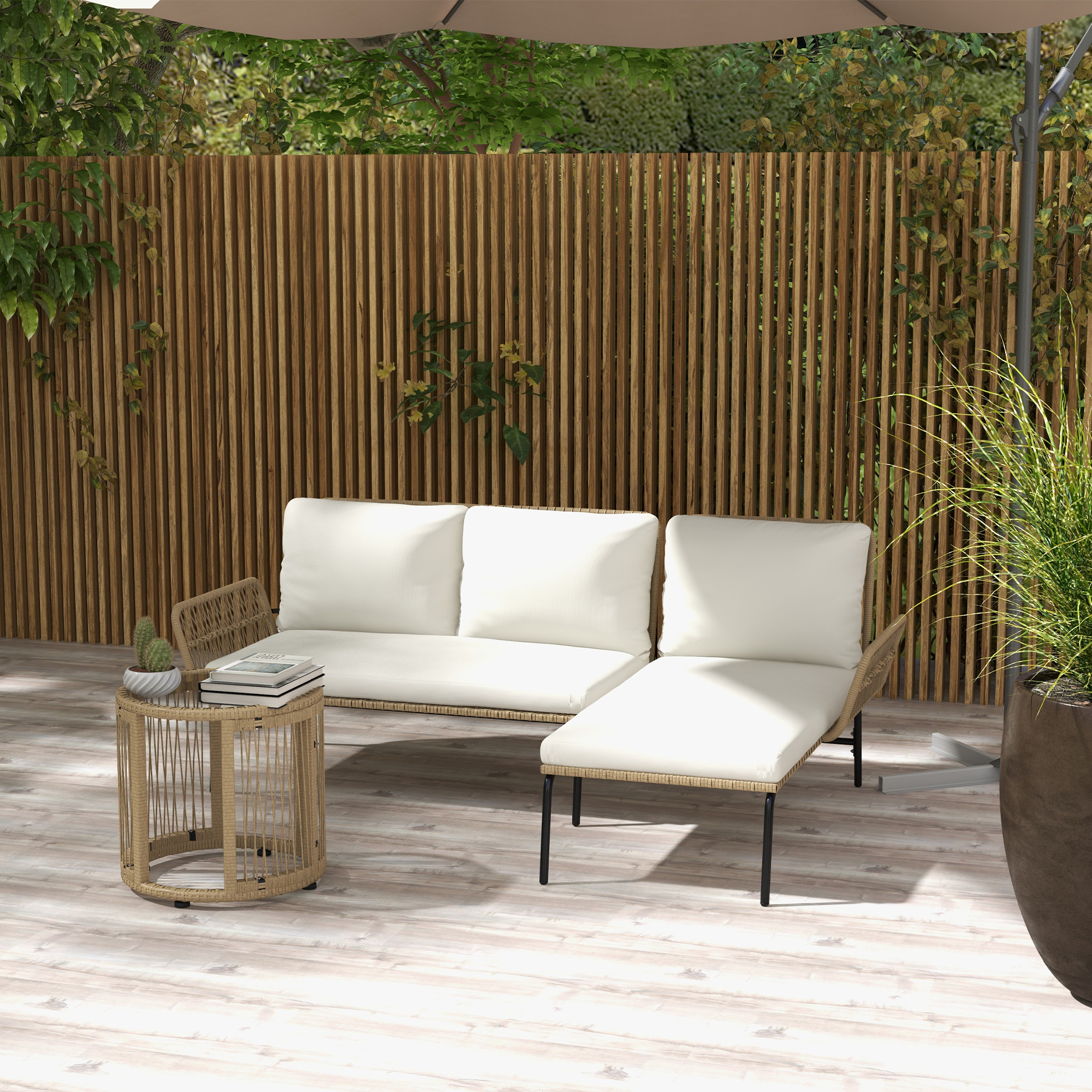 Outsunny Gartensitzgrupp Loungemöbel-Set, PE Rattan, 122 x 79 x 75 cm, Natur + Cremweiß