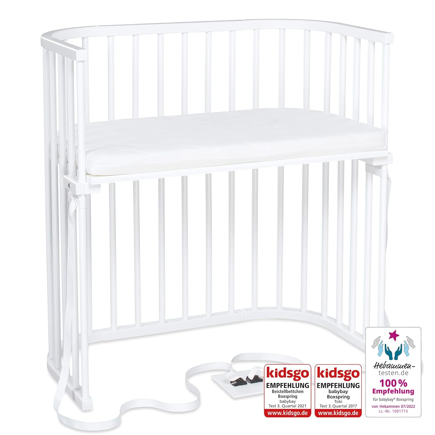 babybay Original Beistellbett aus massivem Buchenholz / kompakt & verwandelbar / Kinderbett Höhe stufenlos verstellbar & umweltfreundlich / mitwachsendes Babybett (weiß lackiert) / inkl. Matratze