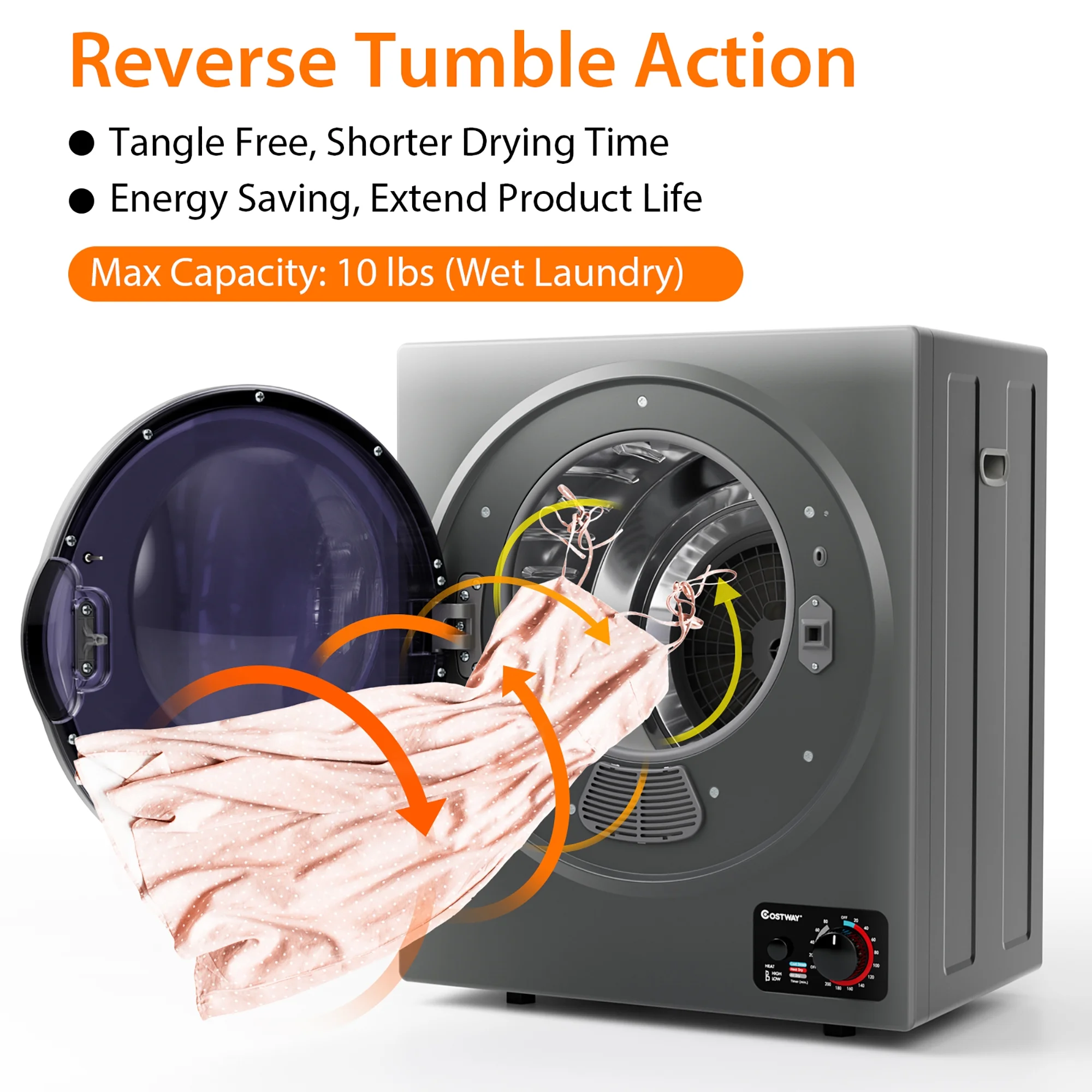 Costway Electric Tumble Compact Laundry Dryer Stainless Steel Wall Mounted 1.5 cu .ft.