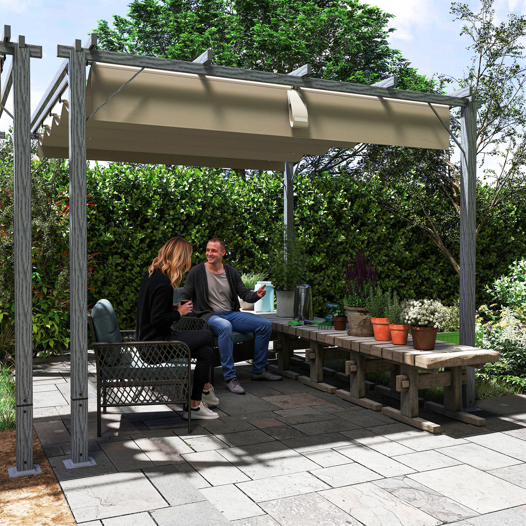 3 x 3 m Tuinpergola, Verstelbare Terrasoverkapping met Aluminium Frame, UPF30+ Zonbescherming, Grijs