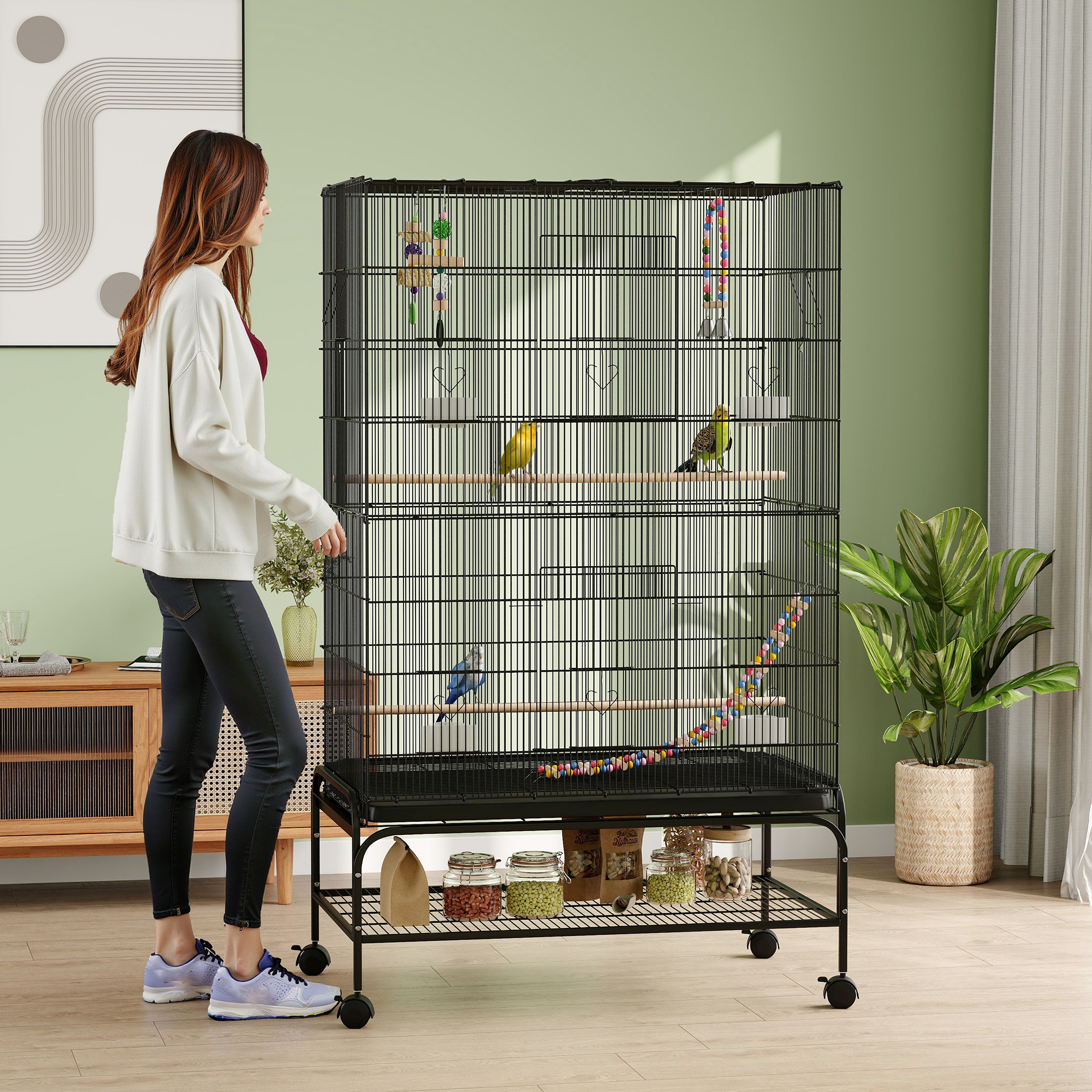 PawHut Vogelkäfig inklusive Sitzstangen, Vogelspielzeug, herausnehmbare Bodenwanne, Schwarz