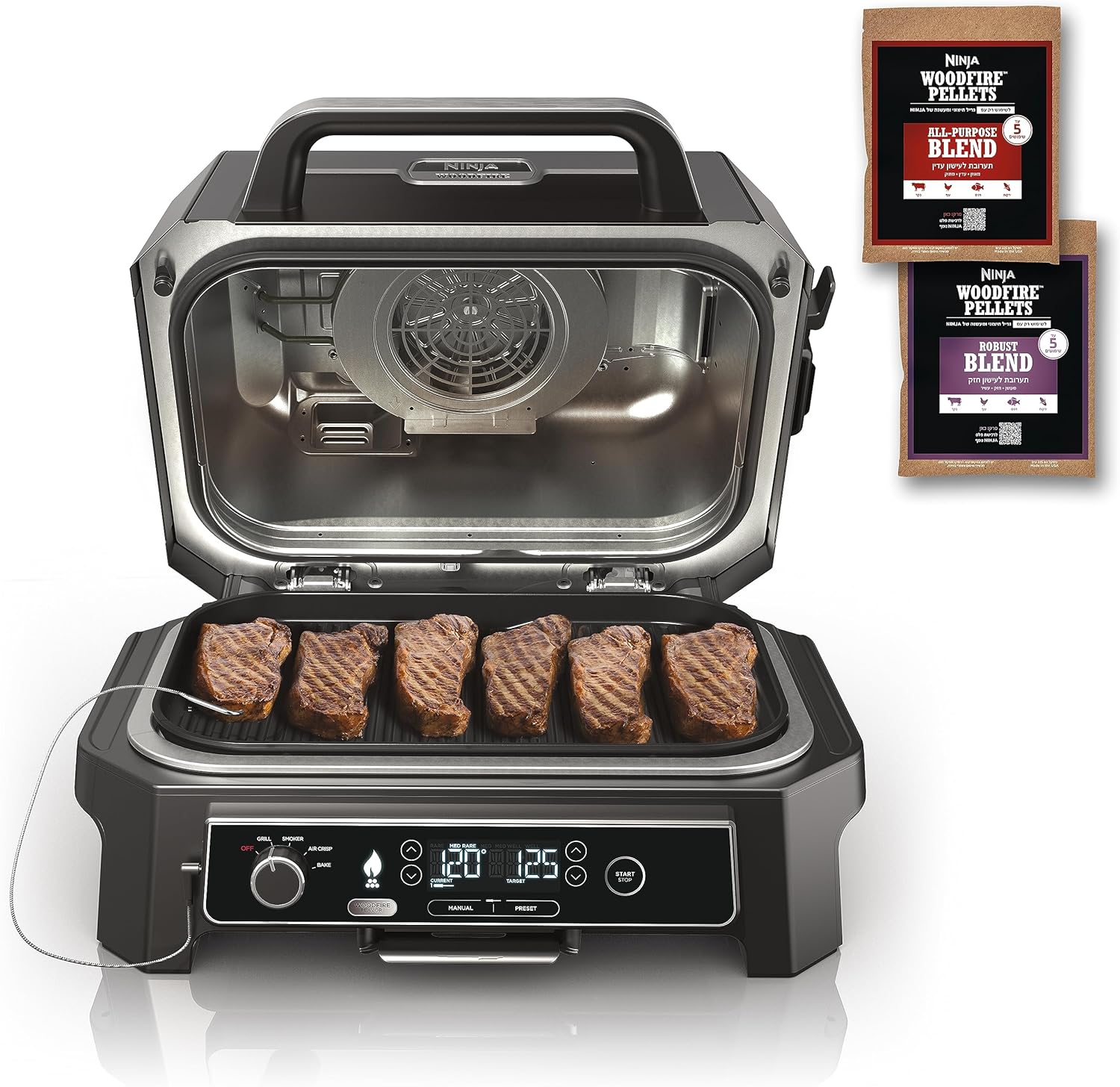 7 in 1 Grill & Smoker with Thermometer, Air Fryer, BBQ, Bake, Roast, Broil &ndash; Portable Electric Outdoor Grill, Grey