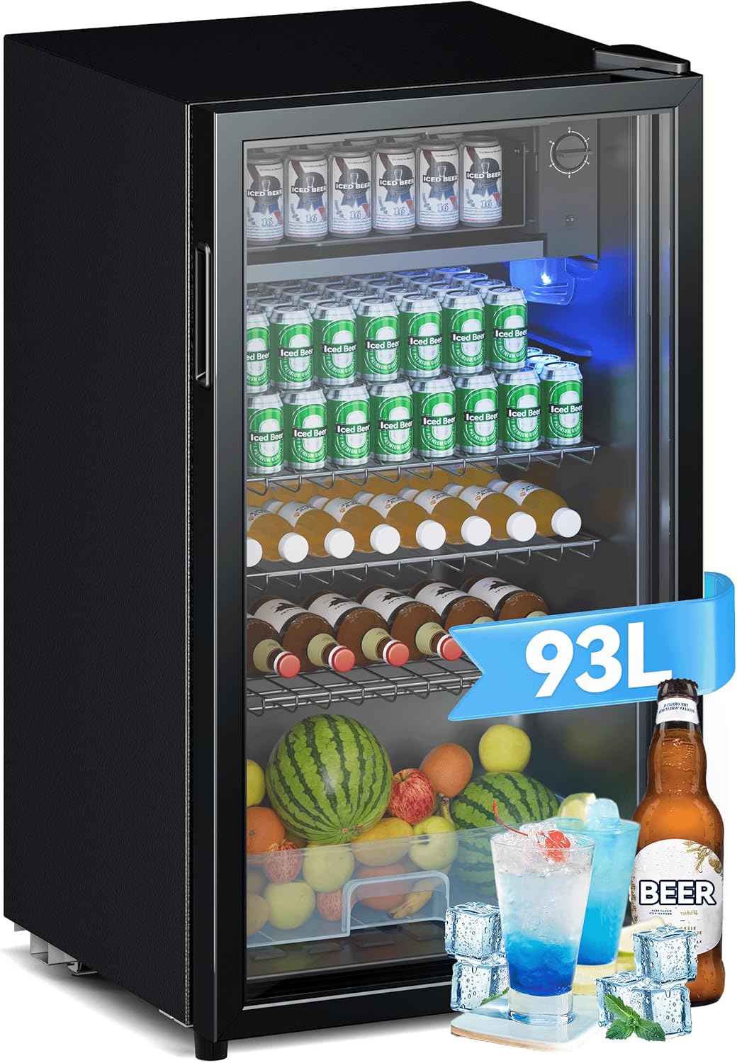 Devoko Getränkekühlschrank mit Glast,93L Minikühlschrank,mit RGB LED Lichtern,verstellbare Einlegeböden, Indoor/Outdoor,für zu Hause, Büro, Partys & Gastro,Minibar, Kühlschrank Schwarz