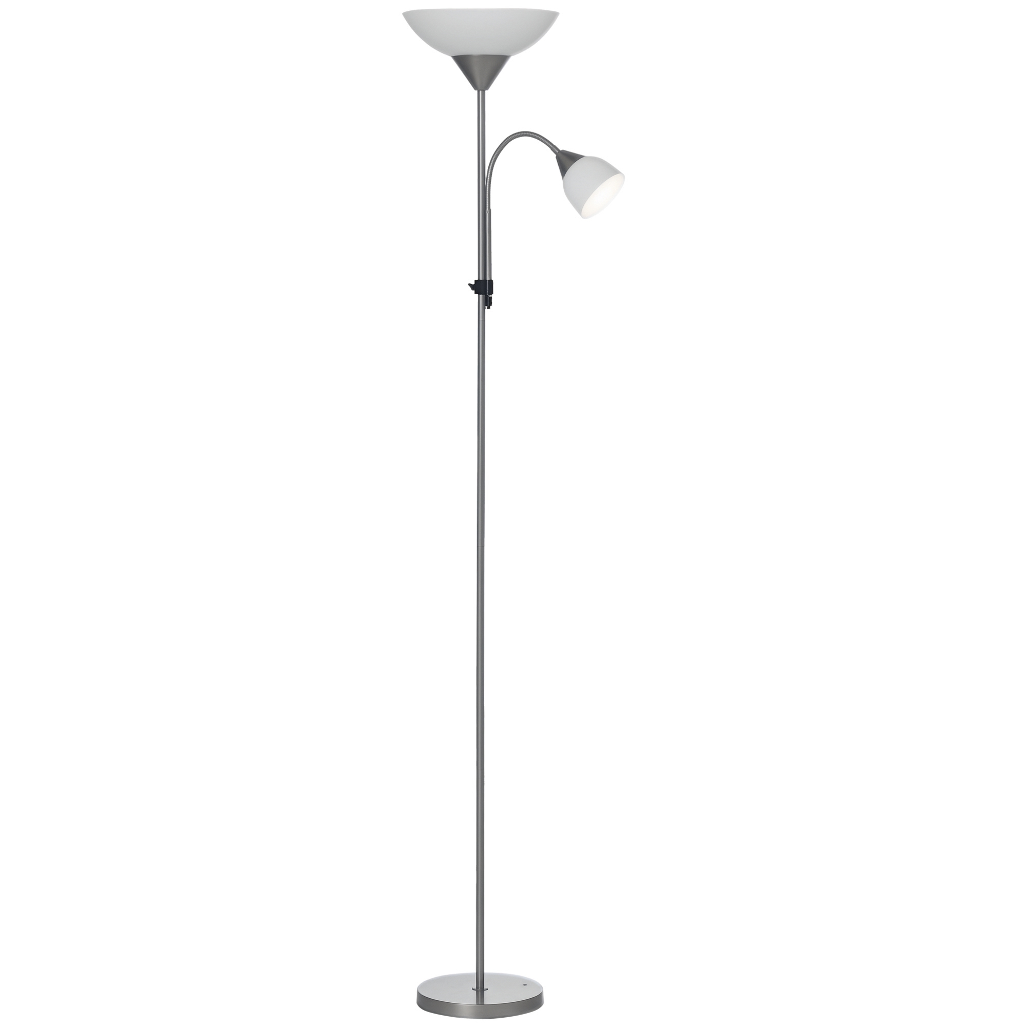 HOMCOM Moderne Stehlampe 2 Köpfe Verstellbares Leselicht, Standleuchte, Doppelköpfes Design mit Stahlfuß,Silber, Weiß, 28 x 28 x 179,5 cm