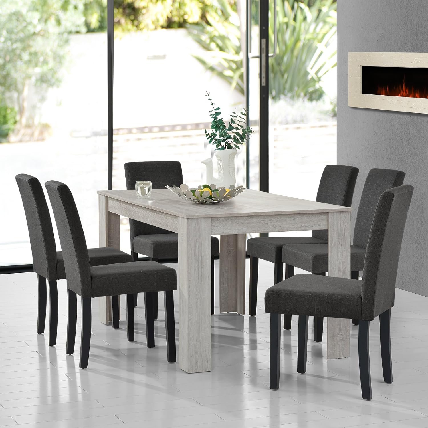 [en.casa] Set da Pranzo Tavolo con Piano Rettangolare 140x90 cm in Effetto Rovere e 6 Sedie Imbottite con Rivestimento in Tessuto Grigio per Sala Soggiorno Cucina