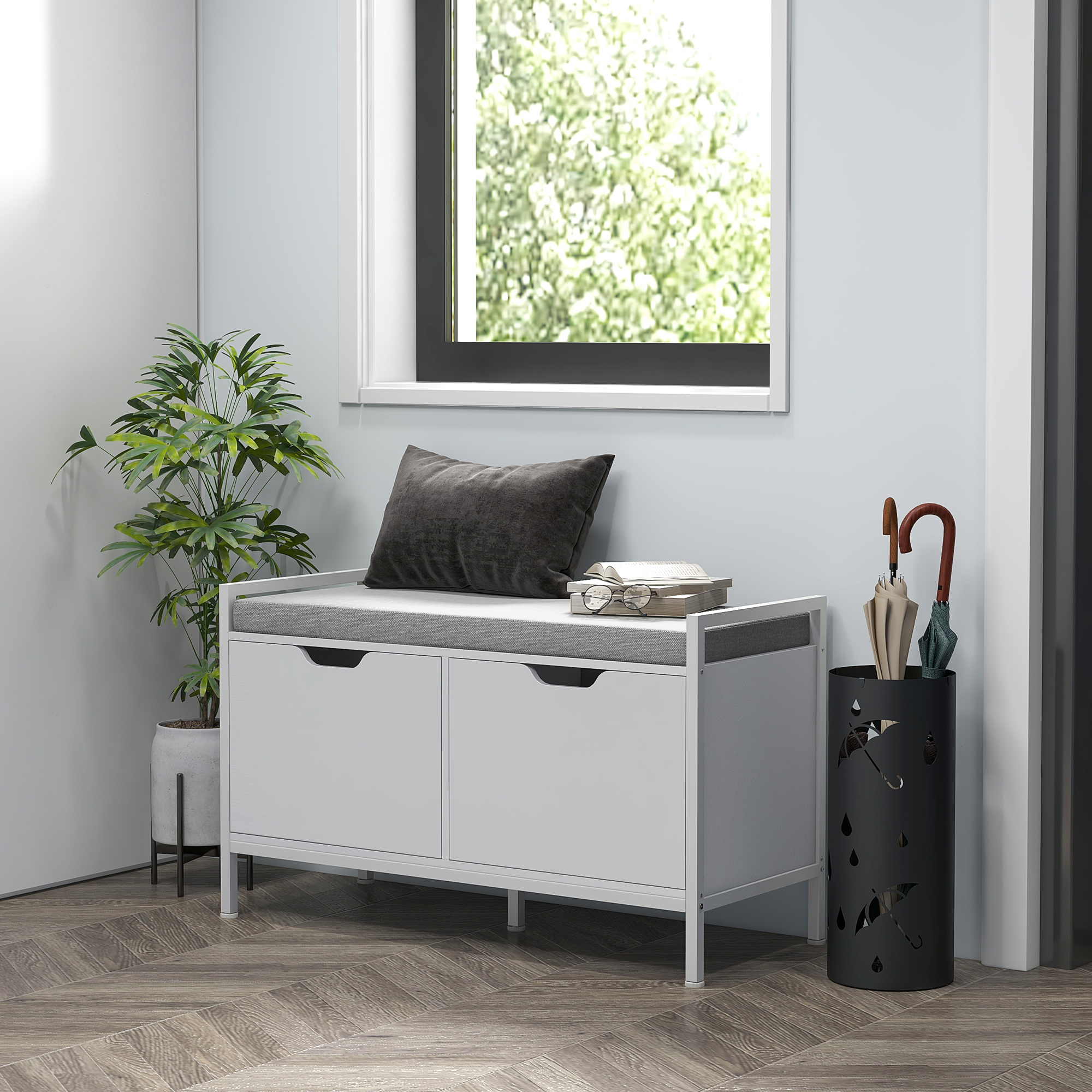 HOMCOM Schuhmöbelbank, 2 Schränke, Eingangsmöbel mit gepolsterter Sitzfläche, 84l x 35T x 50H cm, weiß