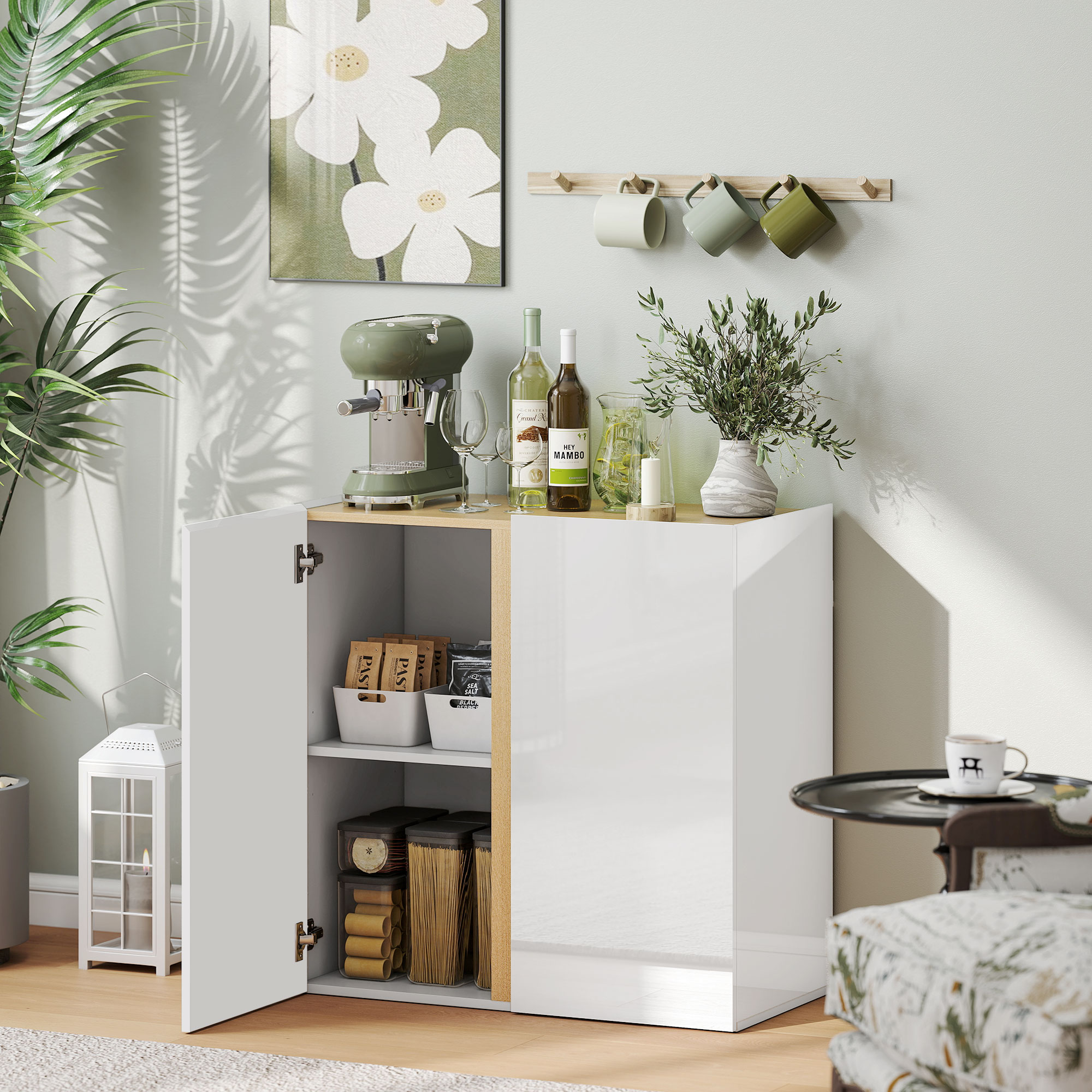 HOMCOM Kommode, Sideboard mit Soft-Close-Türen, anpassbares Regal, für Wohnzimmer, Küche, Esszimmer, Weiß