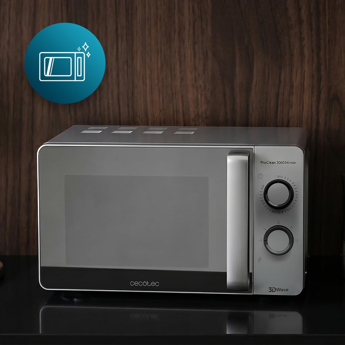 Cecotec Microonde 20L ProClean 3060 Mirror Wave. Rivestimento Ready2Clean, Tecnologia 3DWave, 700 W, 20 L, Colore Argento