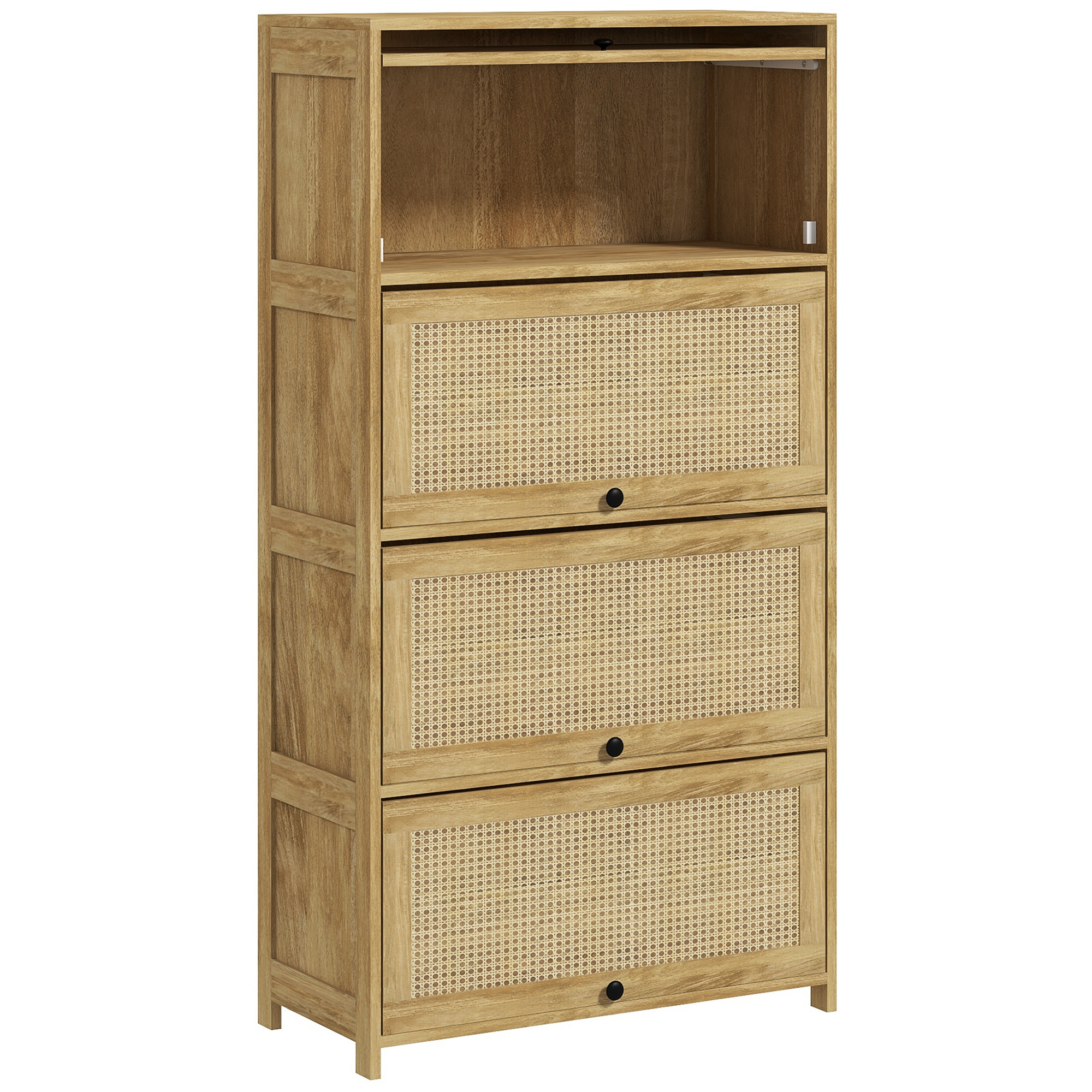 HOMCOM Küchenschrank im Boho-Stil mit 4 Klappentüren aus Spanplatten und Rattan, 70x32x132.8 cm