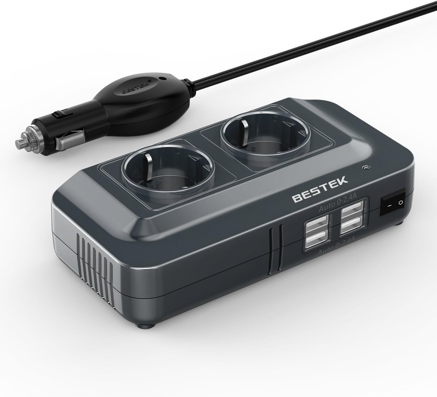 BESTEK 200W Inverter 12v 220v 230V 240V Onda Pura,Inverter Auto con Prese AC 2 USB-C (65 W e 30 W) 2 USB-QC (18 W),Convertitore Potenza per Camper/Barca a Onda Sinusoidale Modificata（Nera）