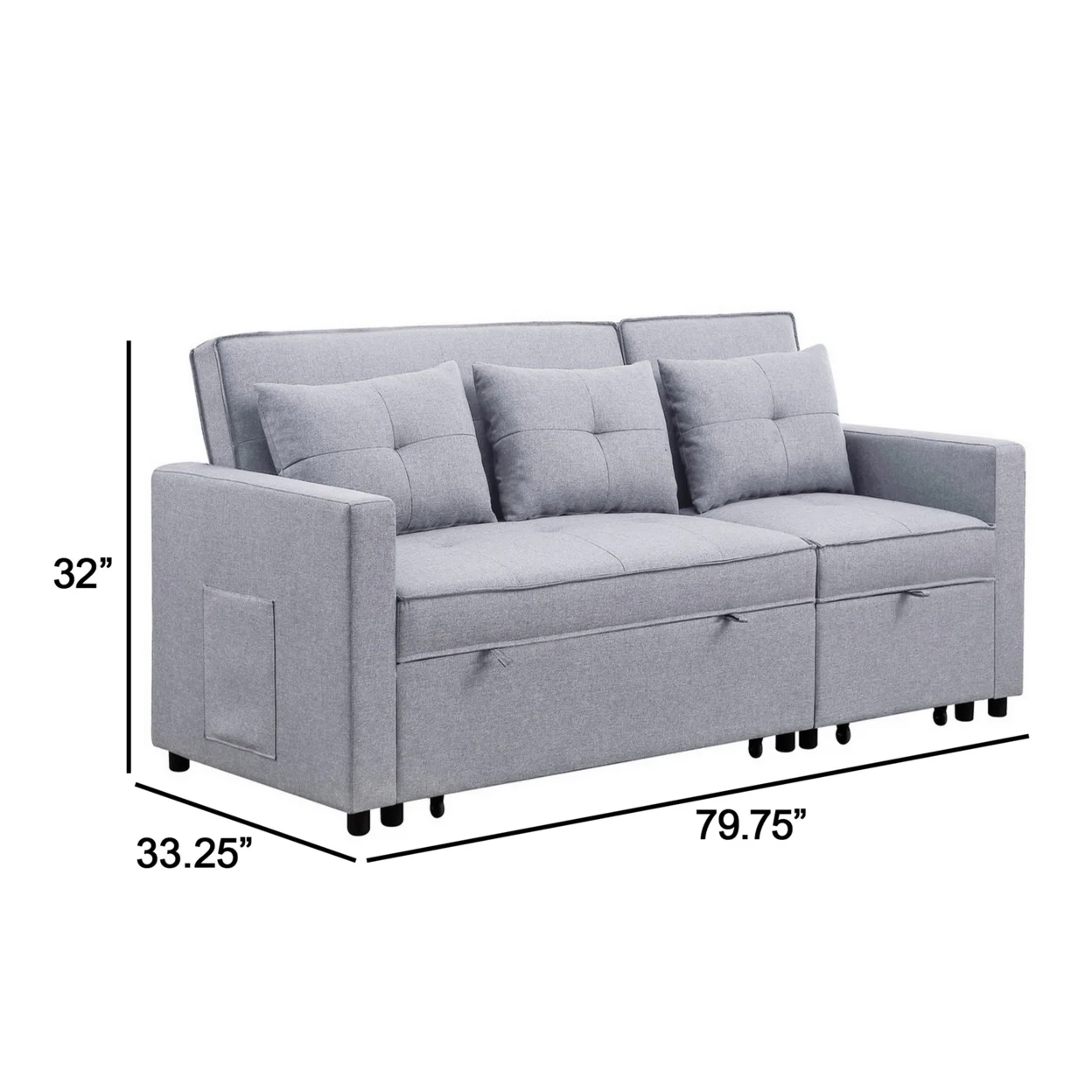 2025 Benjara BM286632 Jayce 80-inch Houten Convertible Sofa Bed met Zijvak, Lichtgrijs en Zwart