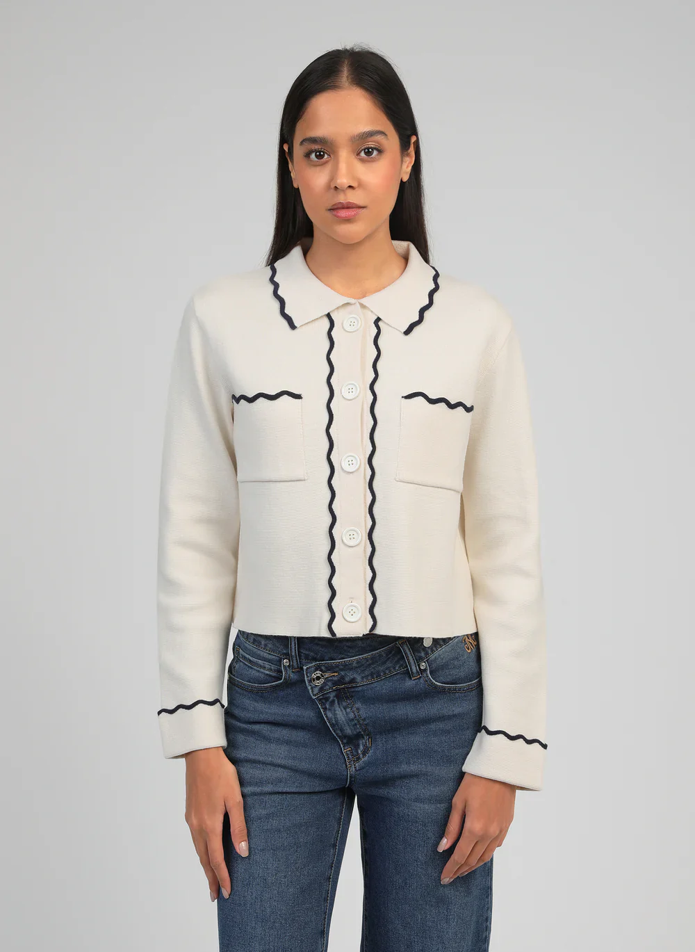 Cream Knit Polo Collar Cardigan by An'ge