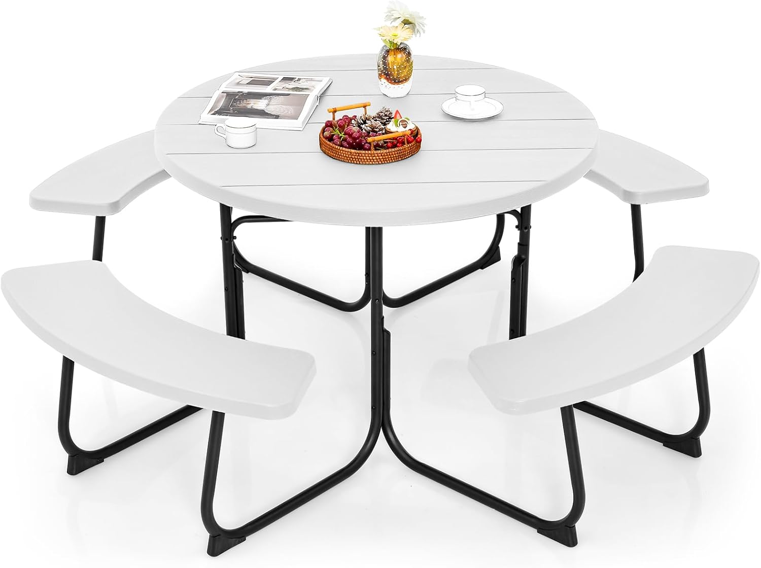 Giantex Picnic Table Set for Up to 8 Persons  Round Outdoor Table and Bench Set with Umbrella Hole  HDPE Top & Metal Frame  2000LBS Capacity  Patio Table Bench for Deck Backyard Garden (White)