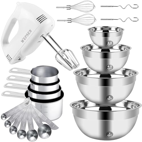 WEPSEN Set di ciotole elettriche per miscelare a mano, 5 velocità, miscelatore portatile con 5 ciotole di miscelazione in acciaio inossidabile a nidificazione, misurini cucchiai da 200 W frullatore da : Amazon.it: Casa e cucina
