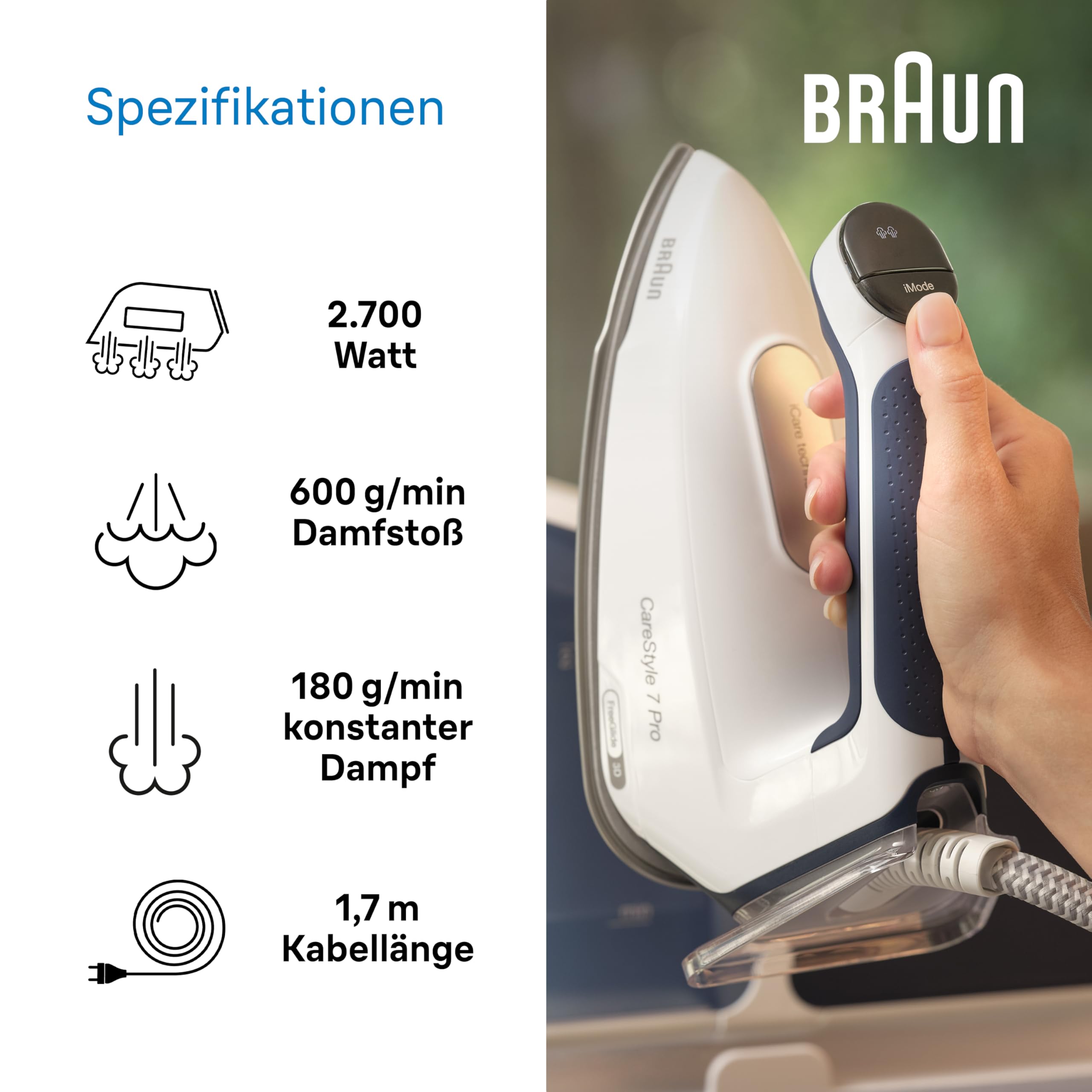 Dampfbügelstation CareStyle 7 Pro IS 7282 2700 W 600 g/min Dampfstoß 2 l Wassertank FreeGlide 3D Bügelsohle iCare