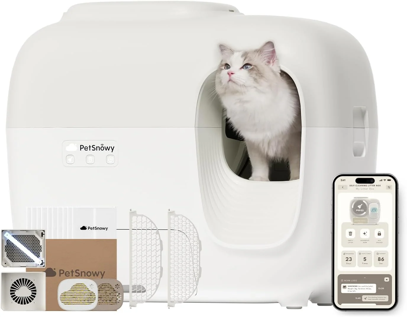 PetSnowy Zelfreinigende Kattenbak met TiO2-geurbestrijdingssysteem, App-bediening, Automatische verpakking voor Grote Katten & Meerdere katten 1,5-9 kg, Max Capaciteit van 83L (2025 Premium)